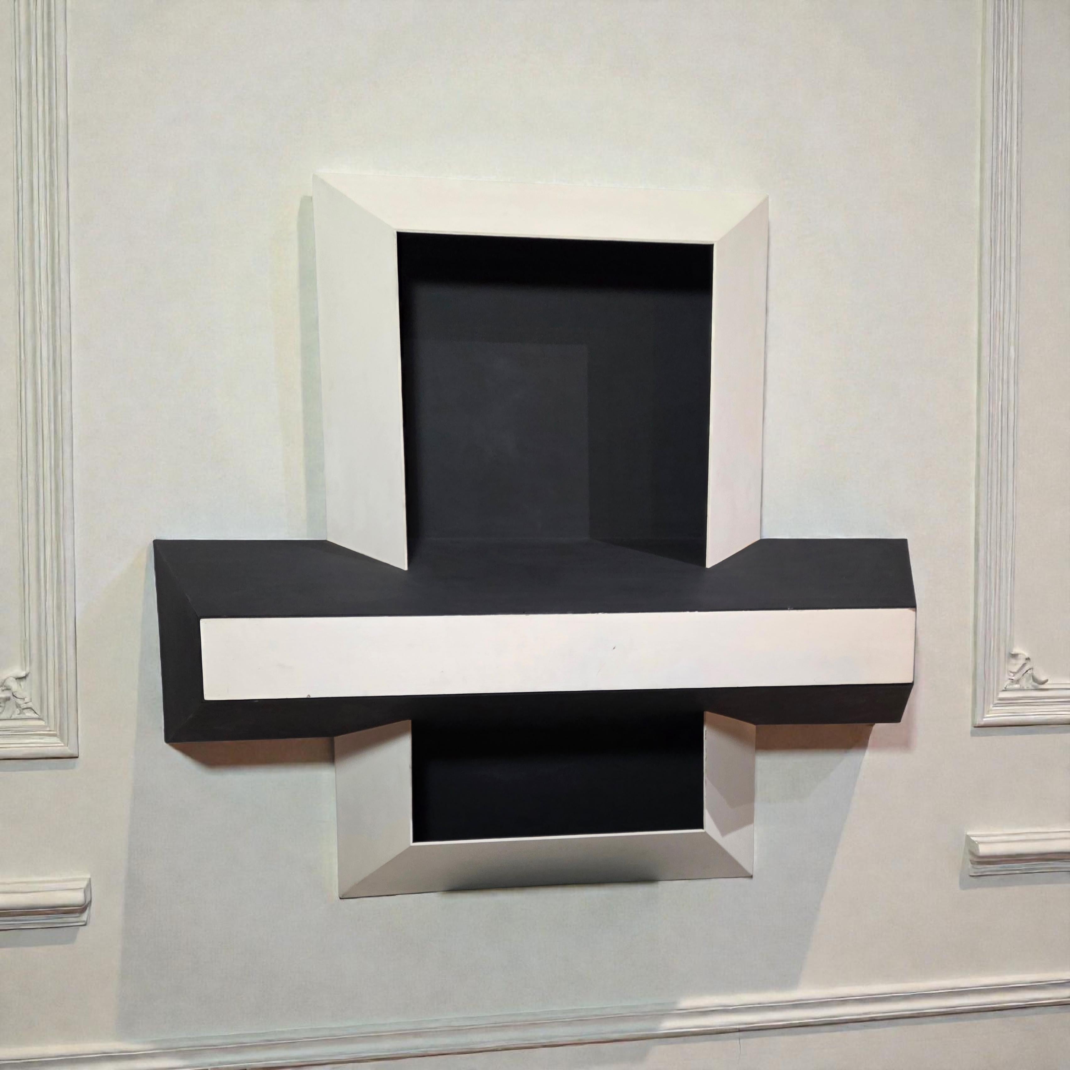 Abstract Sculpture Samuel Kudish - Samuel Whiting Void #1 Relief en croix noir et blanc, Tempura sur contreplaqué 1977