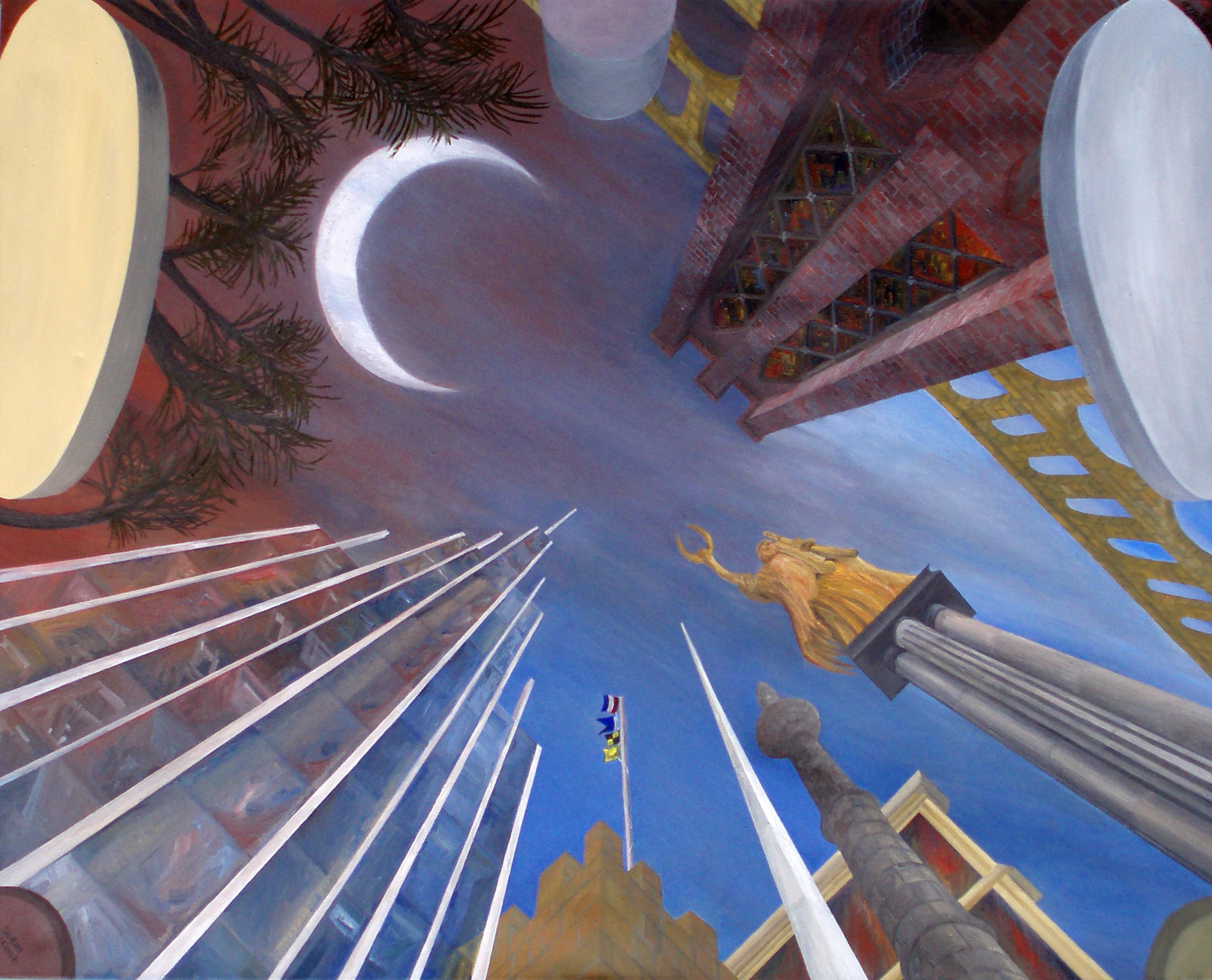 Samuel Leopold Abstract Painting – Pointy Sky, Original Stadtlandschaftsgemälde, 2021