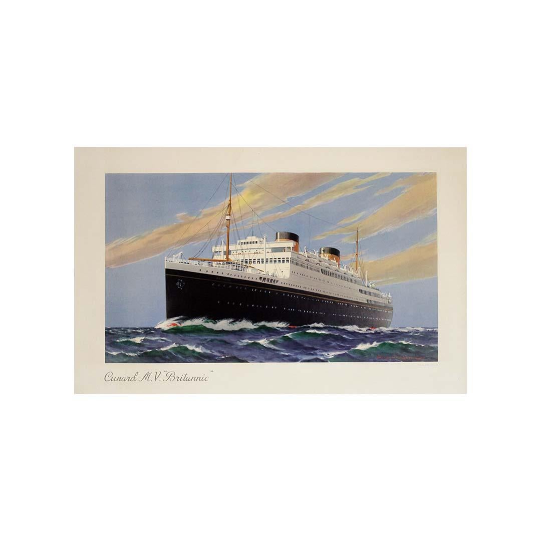 Cette étonnante affiche de voyage datant de 1940, réalisée par l'illustrateur britannique Samuel M&M. Brown, met en scène le V.I.I. Le Britannic, l'un des navires à moteur les plus avancés de la Cunard Line à l'époque. Conçue dans la tradition