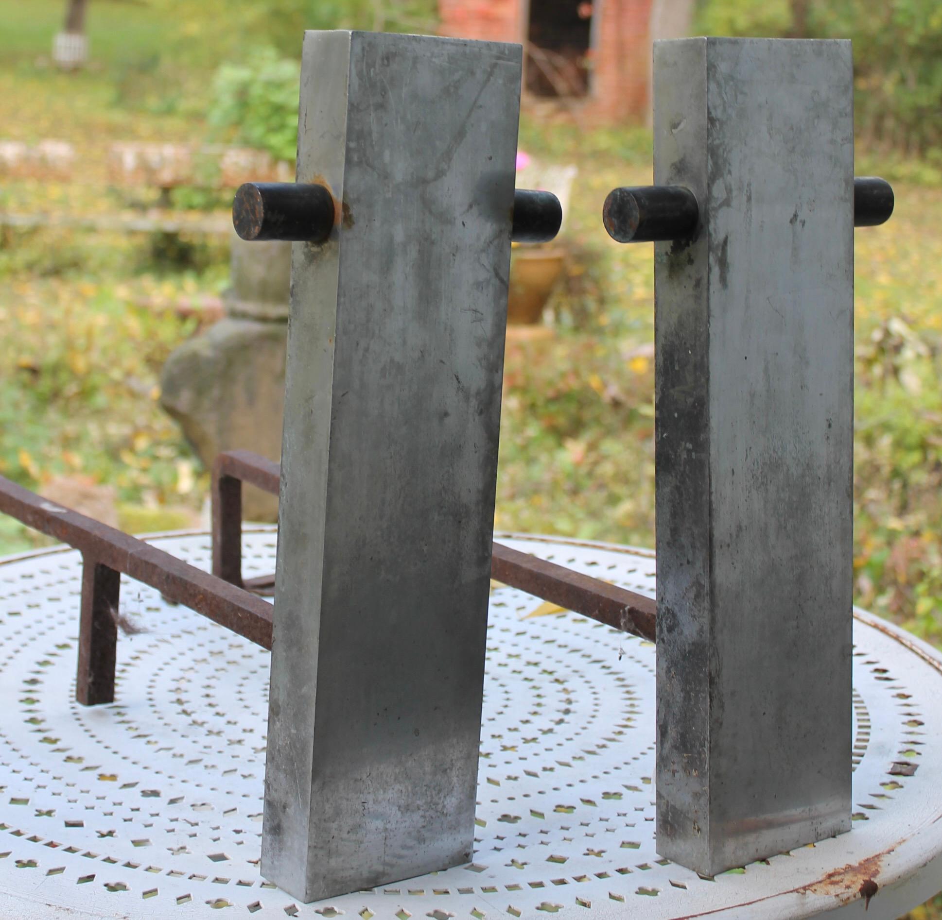 In the manner of the Chicago Architect and Moderne Decor Master- Samuel Marx. A vertical rectangular shaft of aluminum horizontally punctured with a
blackened solid copper cylinder.  Extremely direct in concept and structural integrity. 
