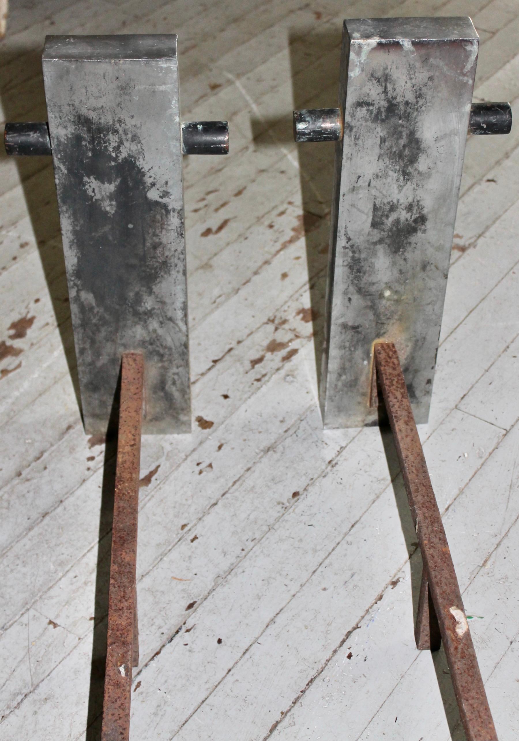 Iron Samuel Marx Attributed Moderne Aluminum Andirons For Sale