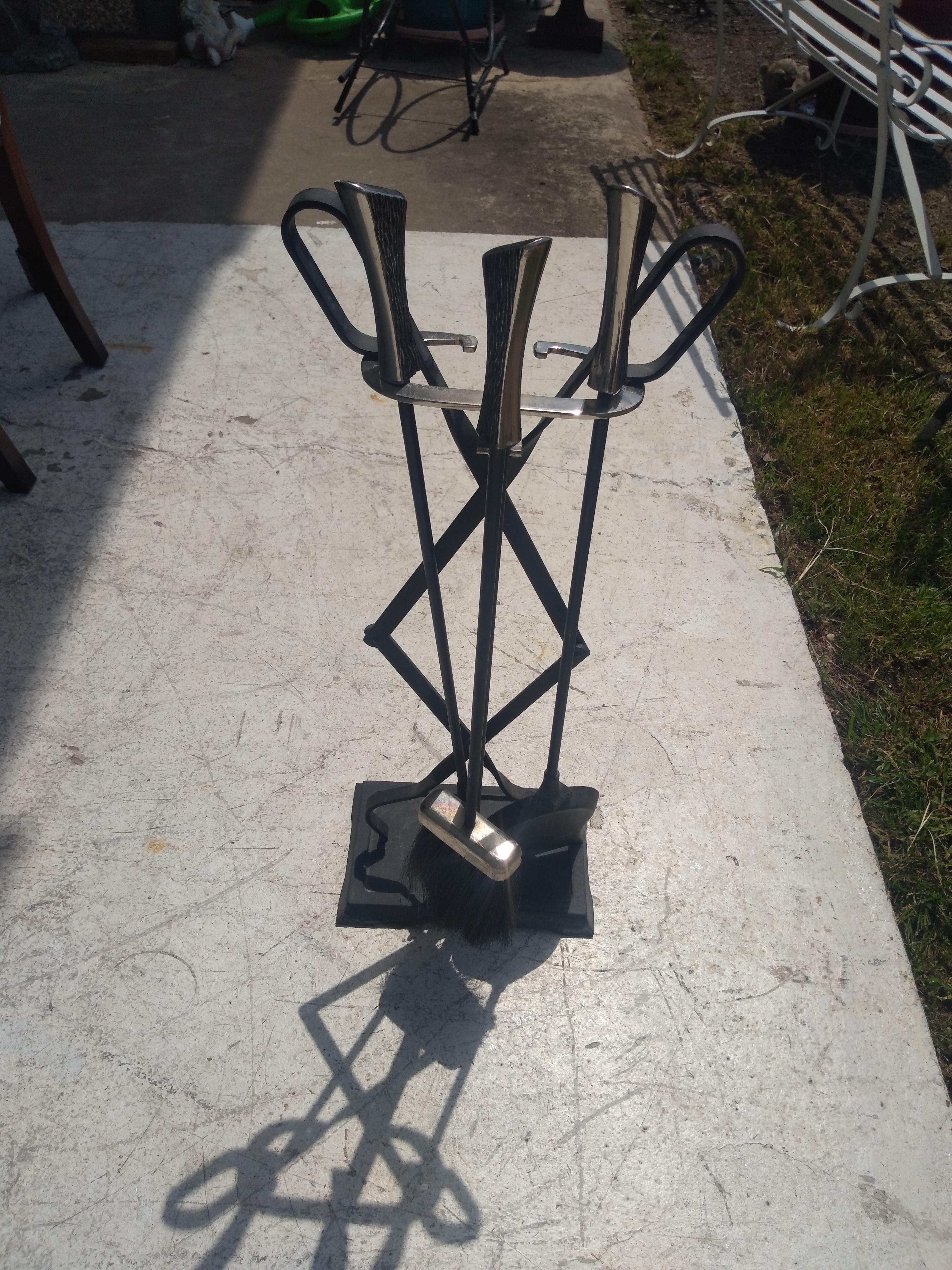 Metal Samuel Marx Style Nickel Handle Fireplace Poker Set For Sale