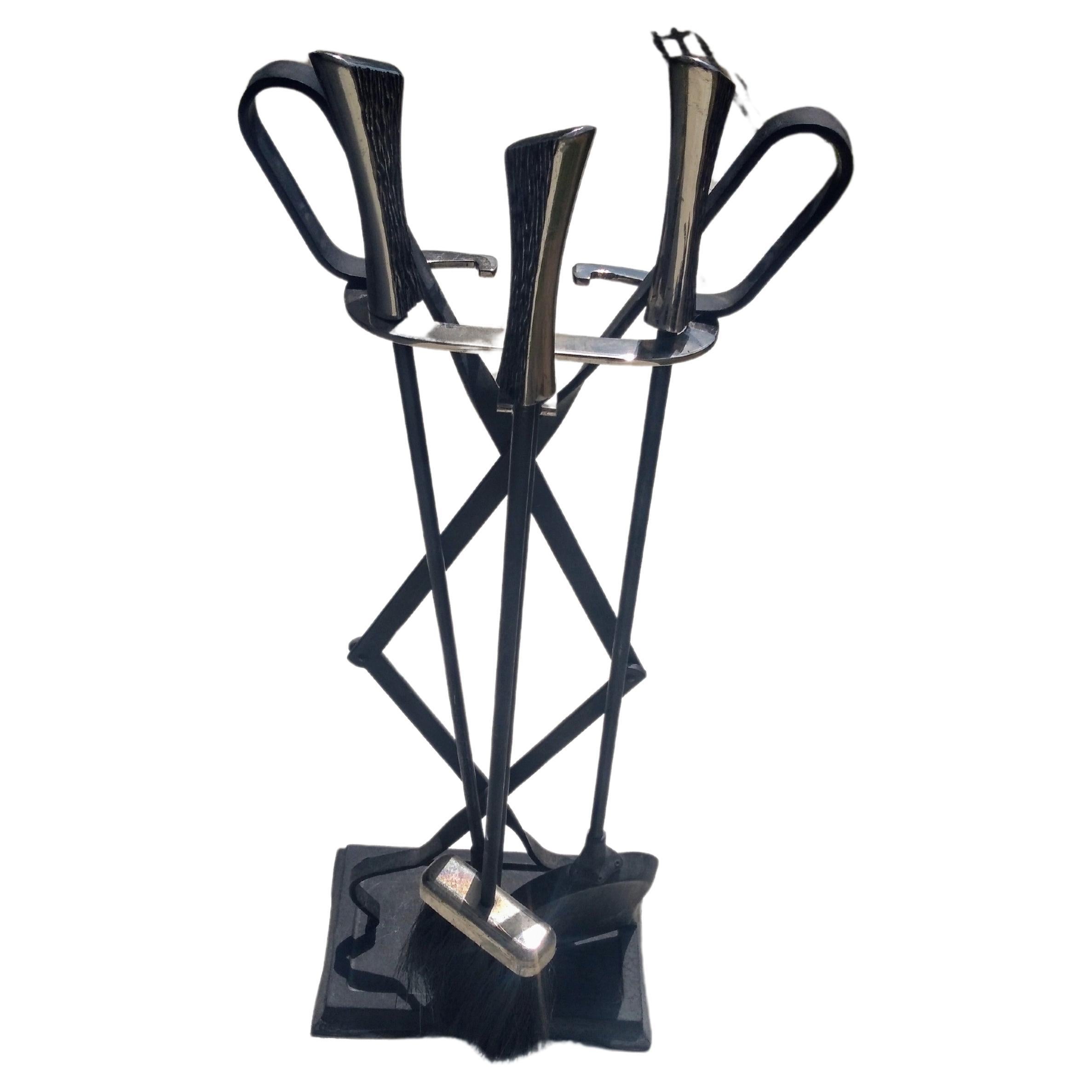 Samuel Marx Style Nickel Handle Fireplace Poker Set For Sale