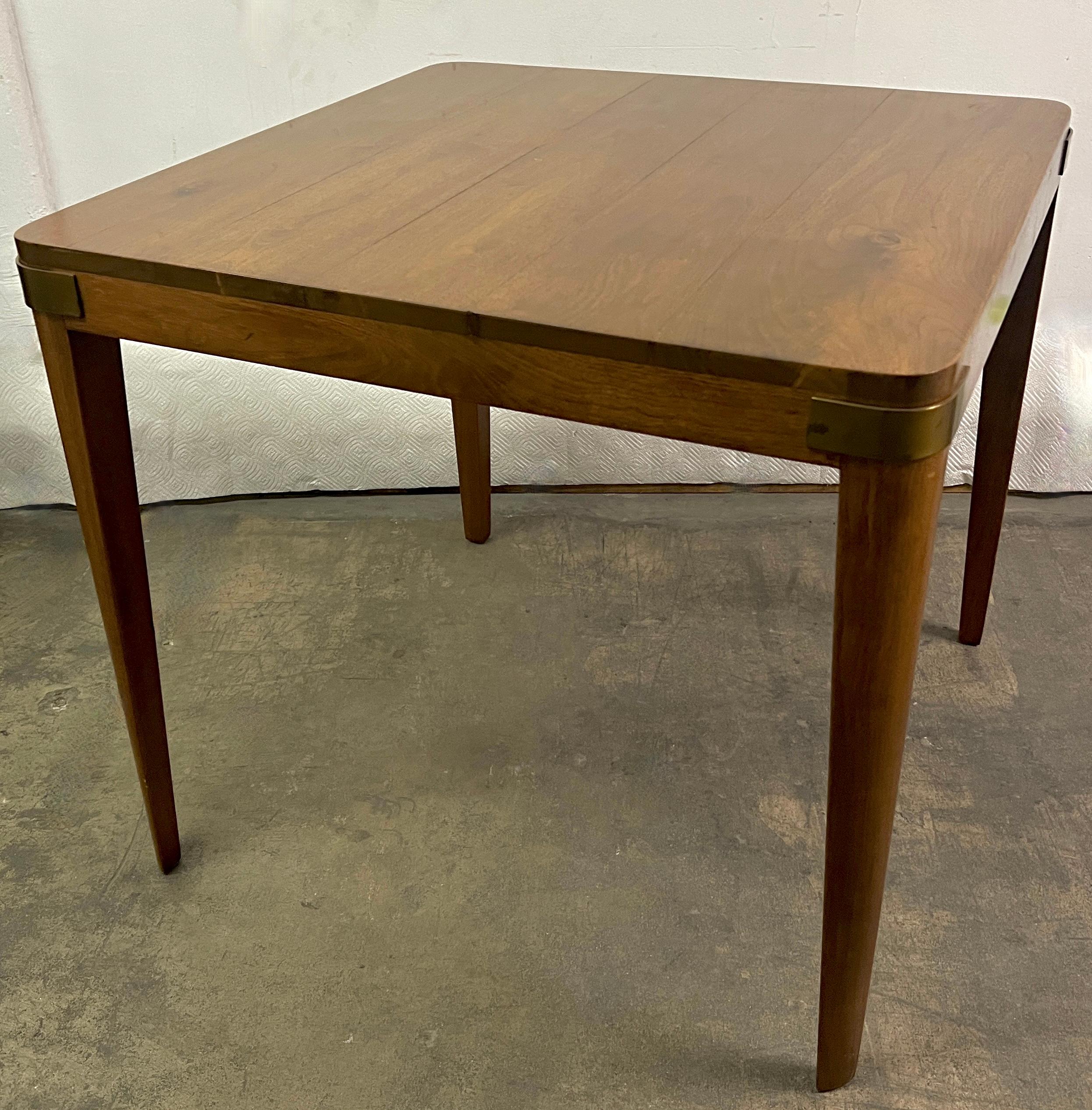 Hand-Crafted Samuel Marx Style square Table with Tapered Legs and Brass Details on Corners