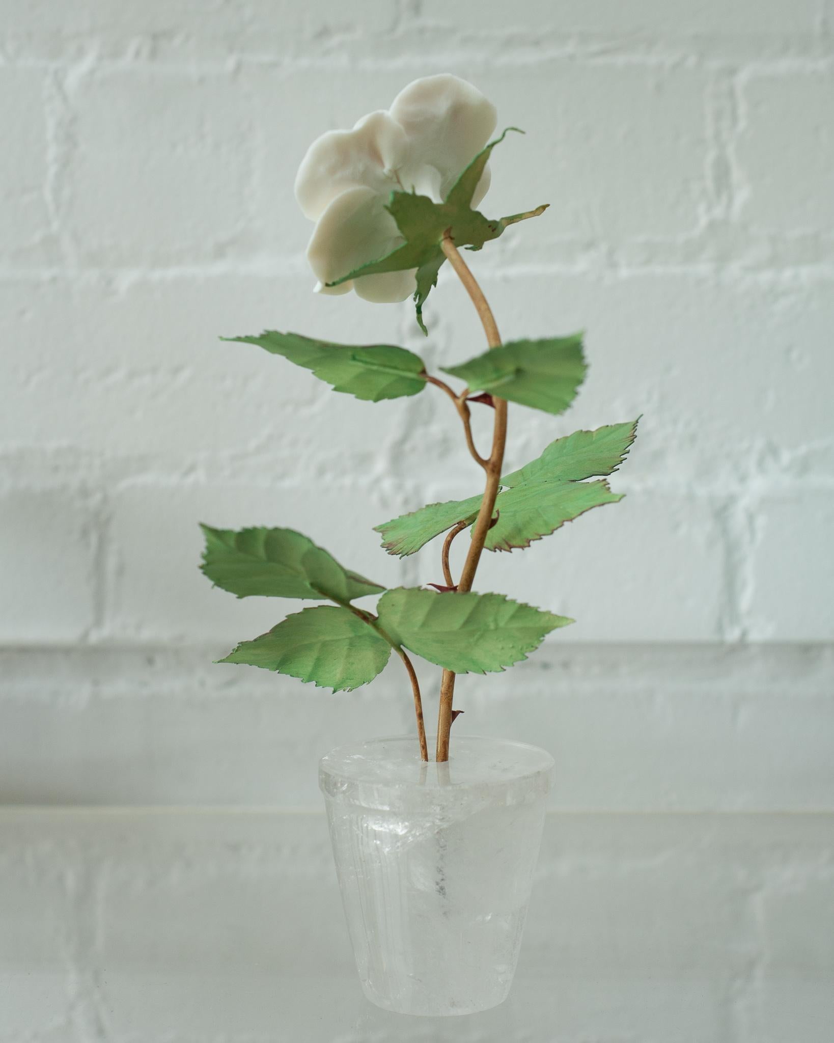 Samuel Mazy Biscuit Porcelain Rose Bush Sculpture in Rock Crystal Pot In New Condition For Sale In Toronto, ON