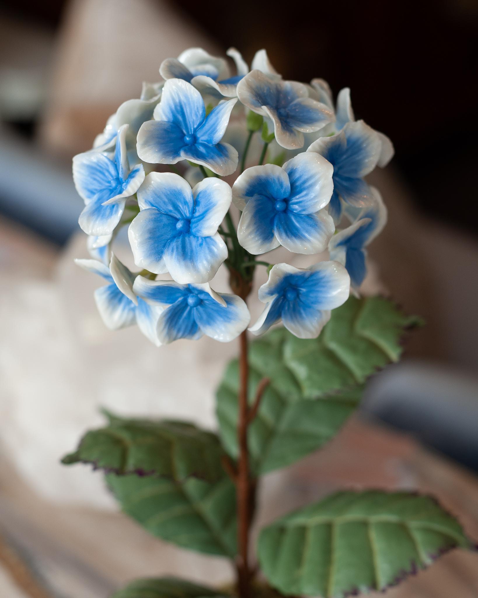 French Samuel Mazy Glazed Porcelain Blue and White Hydrangea Flower Sculpture