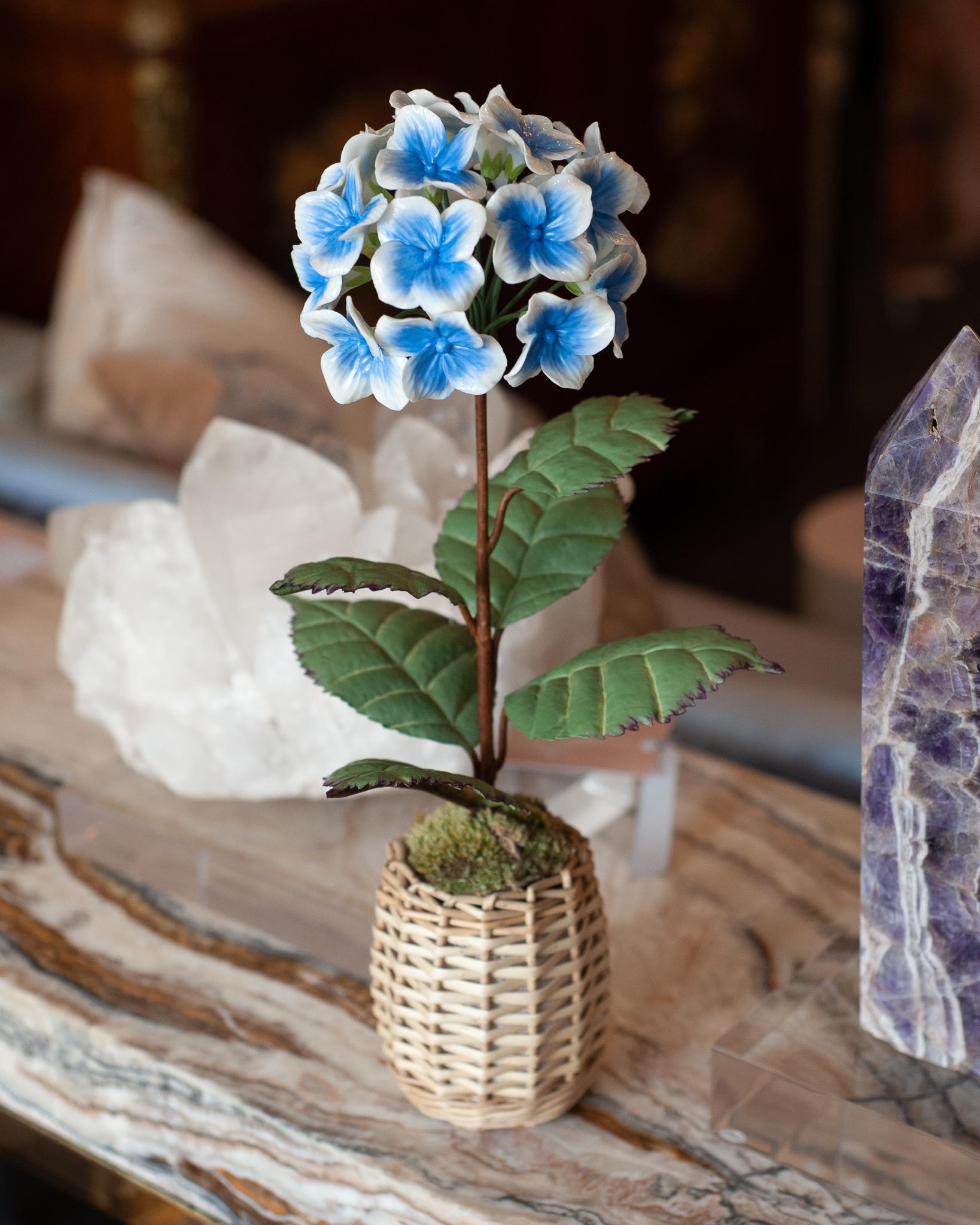 Contemporary Samuel Mazy Glazed Porcelain Blue and White Hydrangea Flower Sculpture