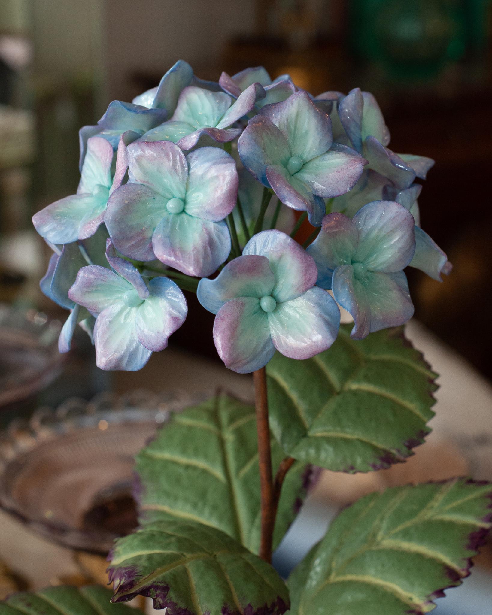 French Samuel Mazy Glazed Porcelain Purple and Blue Hydrangea Flower Sculpture For Sale