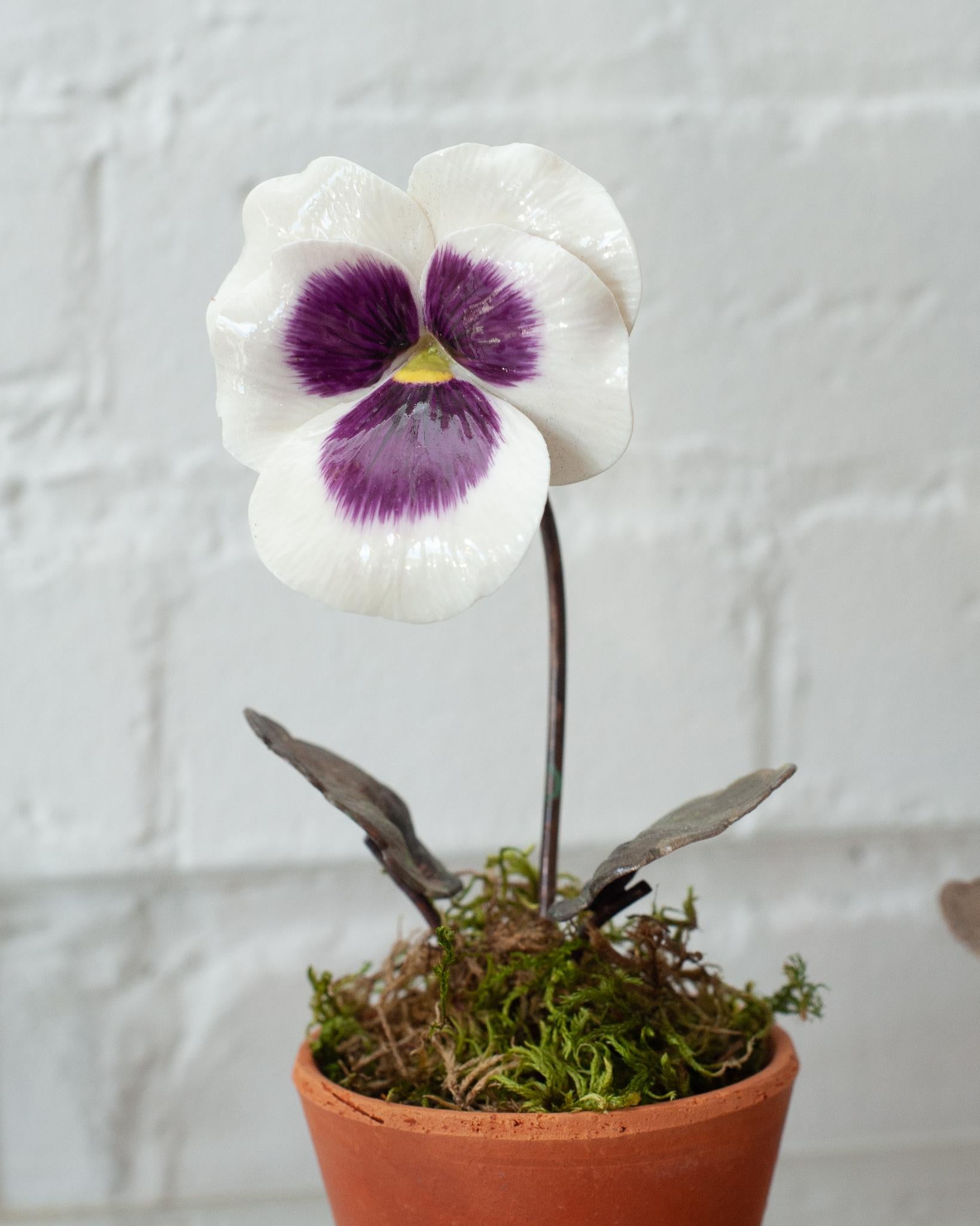 French Samuel Mazy Glazed Purple & White Porcelain Pansy Sculpture For Sale