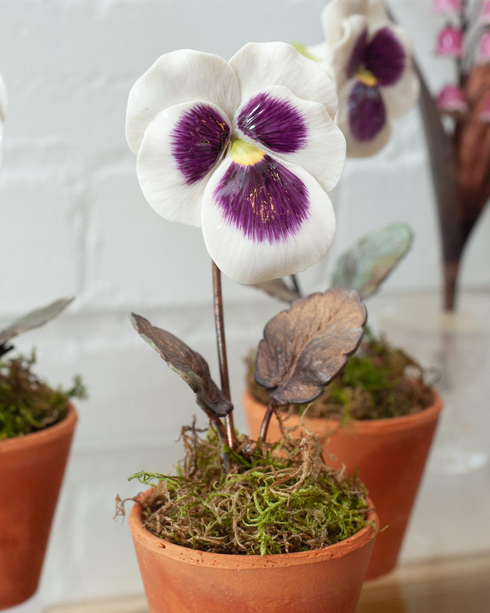 French Samuel Mazy Glazed Purple & White Porcelain Pansy Sculpture For Sale