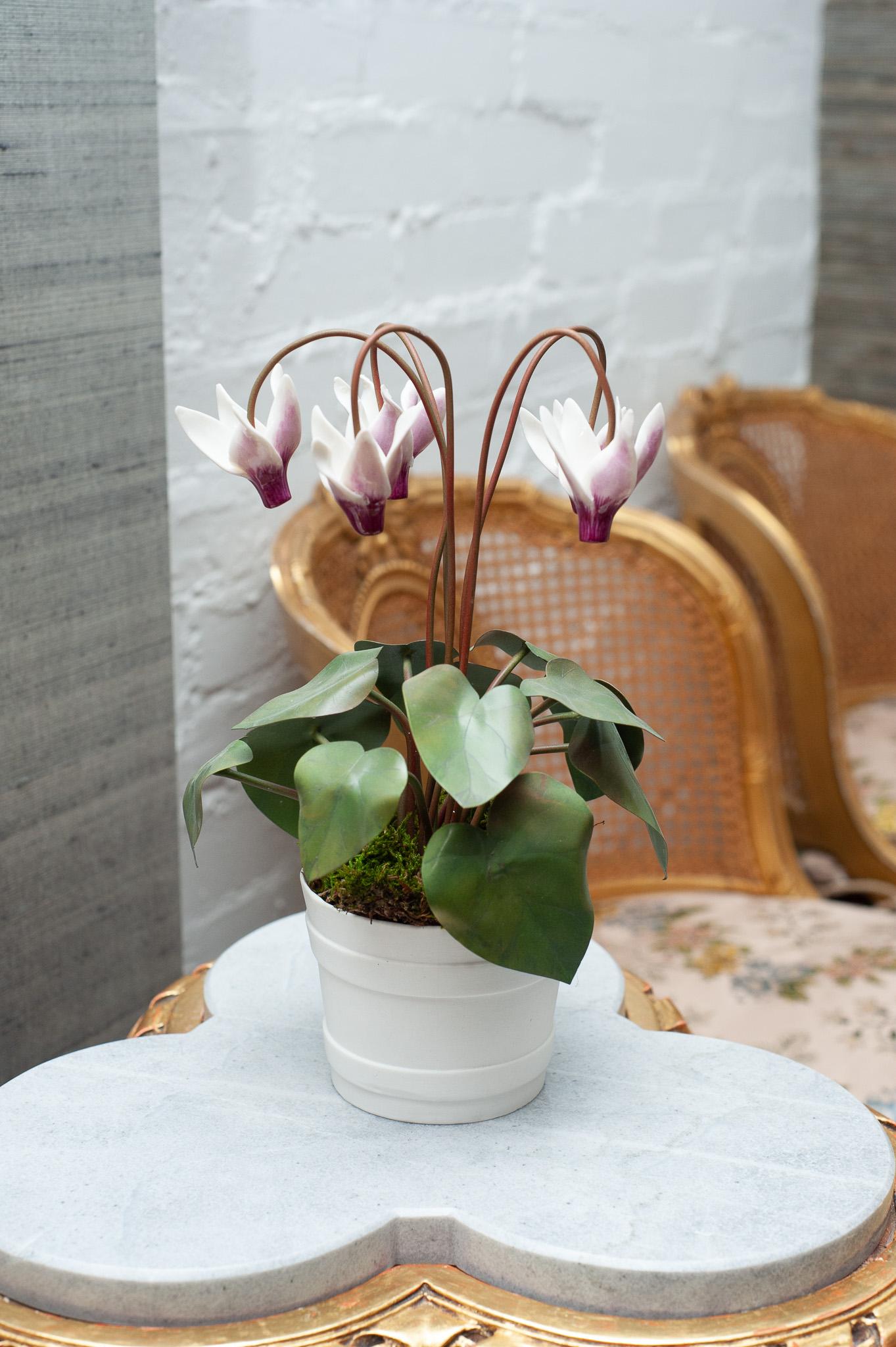 Samuel Mazy Glazed White & Pink Porcelain Cyclamen Sculpture In New Condition For Sale In Toronto, ON