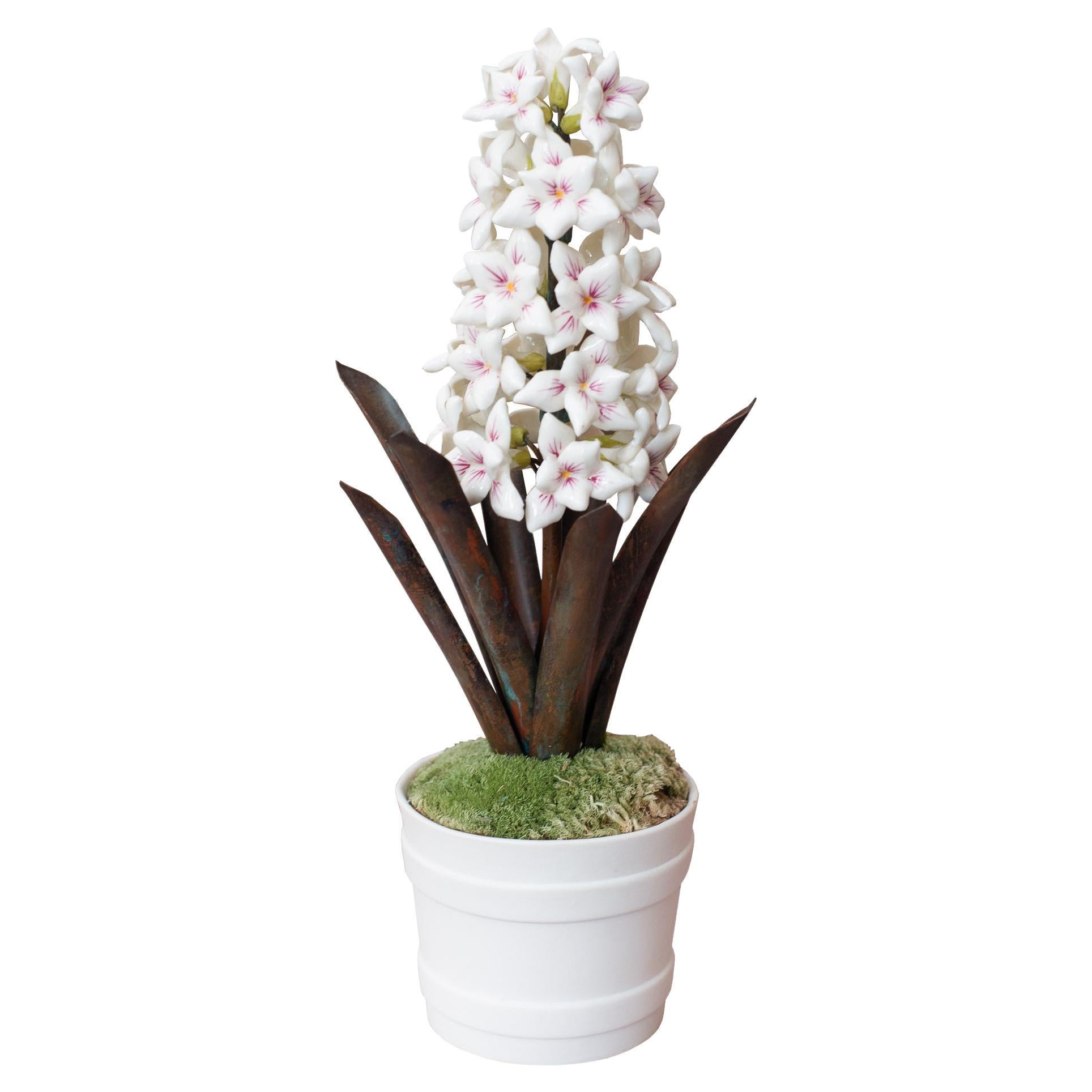 Samuel Mazy Glazed White & Pink Porcelain Hyacinth Sculpture For Sale