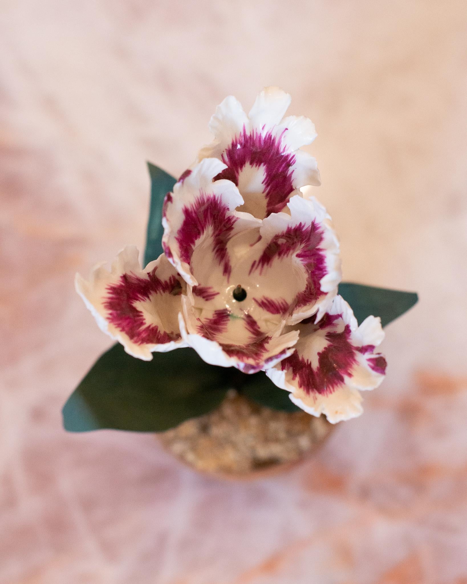 Hand-Painted Samuel Mazy Pink, White and Green Porcelain Tulip Sculpture