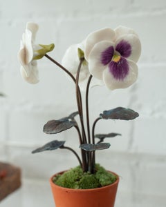 Samuel Mazy Three Stem Glazed White & Purple Porcelain Pansy Sculpture