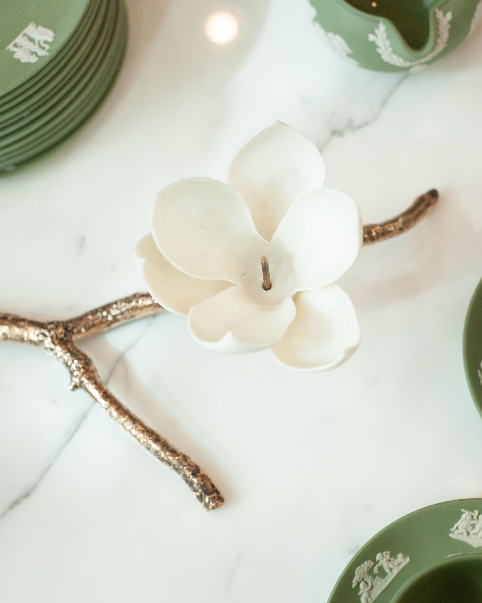 French Samuel Mazy White Porcelain Magnolia Candleholder