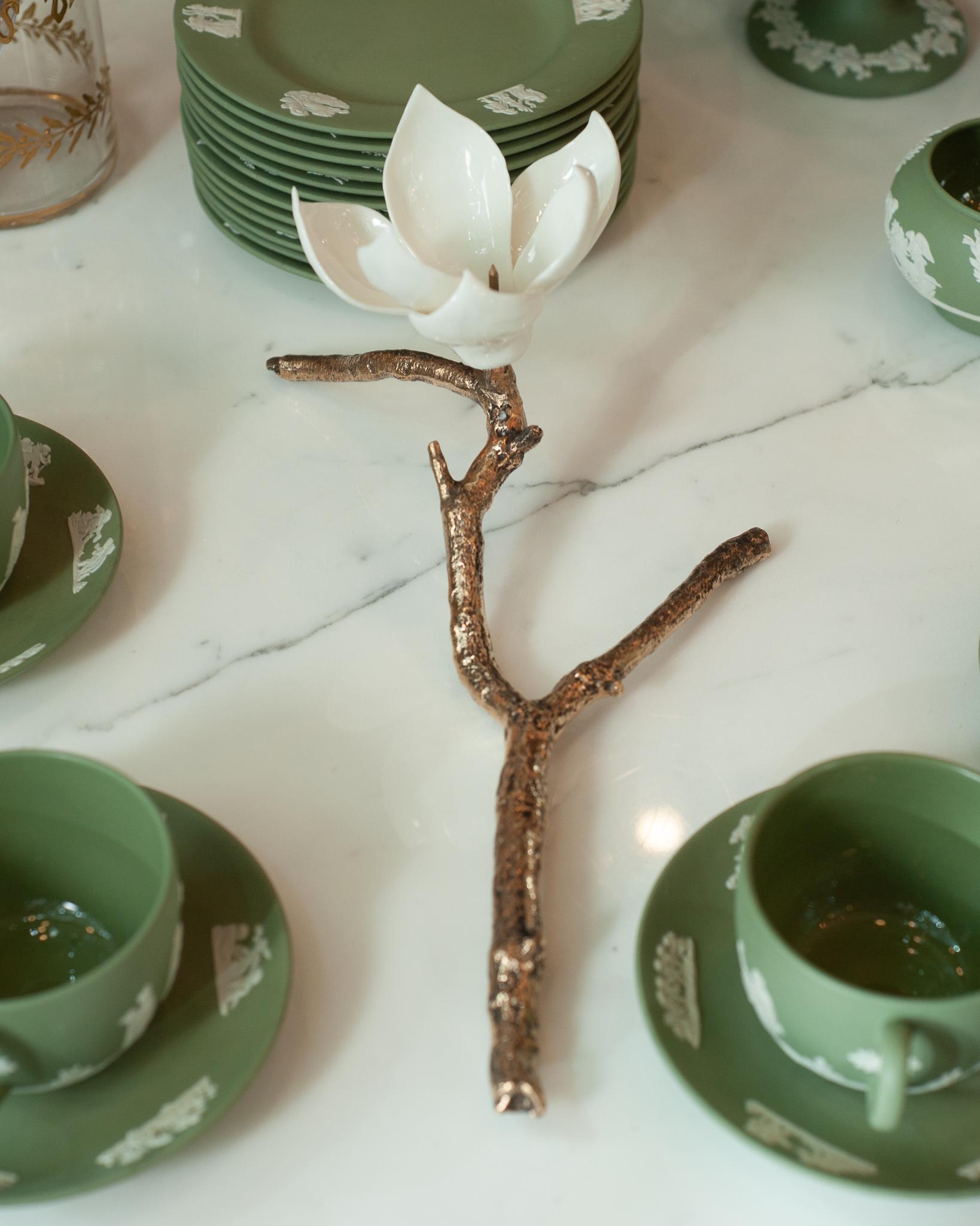 Hand-Painted Samuel Mazy White Porcelain Magnolia Candleholder