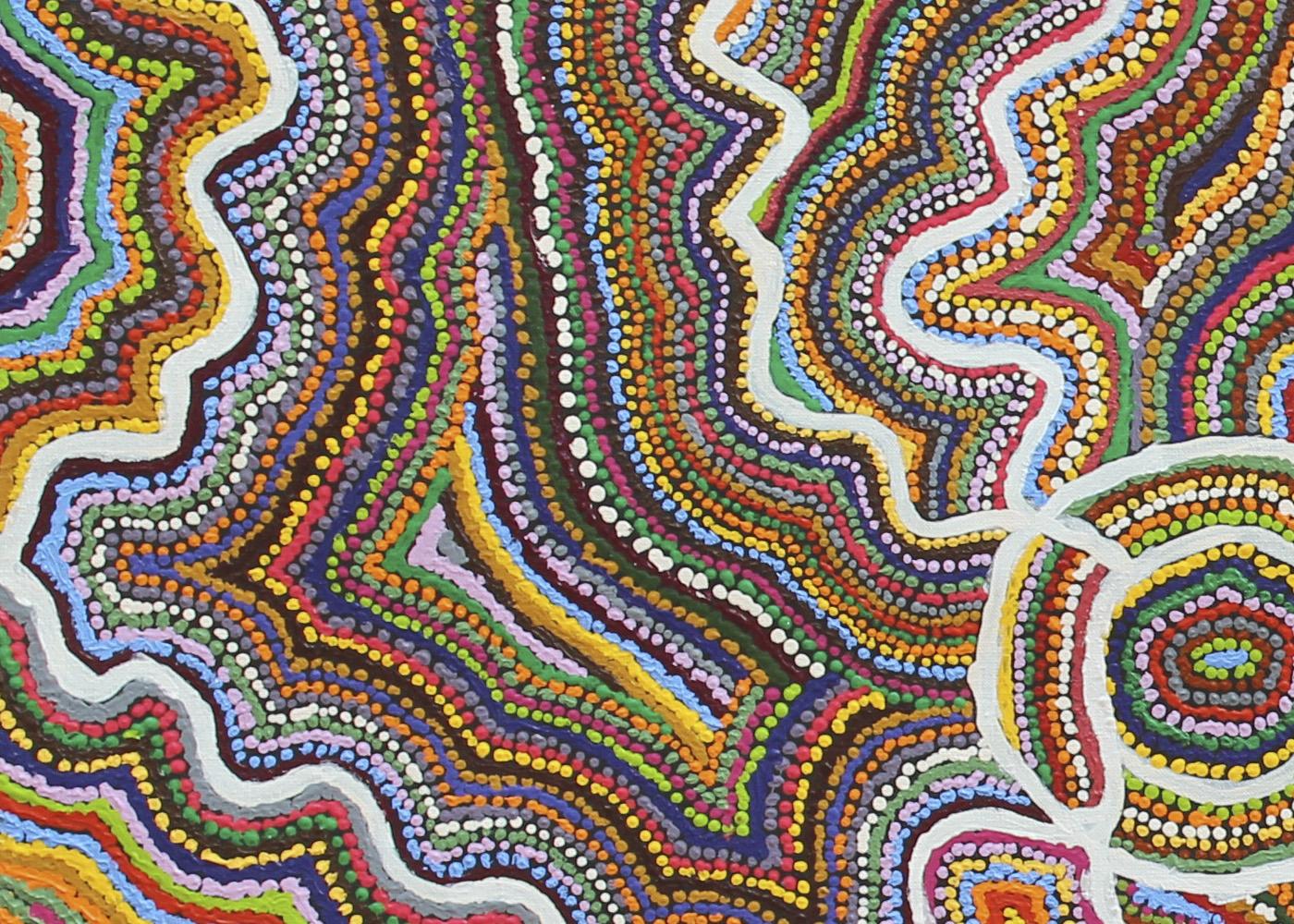 Bunte australische Aborigines abstrakte Landschaft Punkt Malerei auf Leinwand – Painting von Samuel Miller