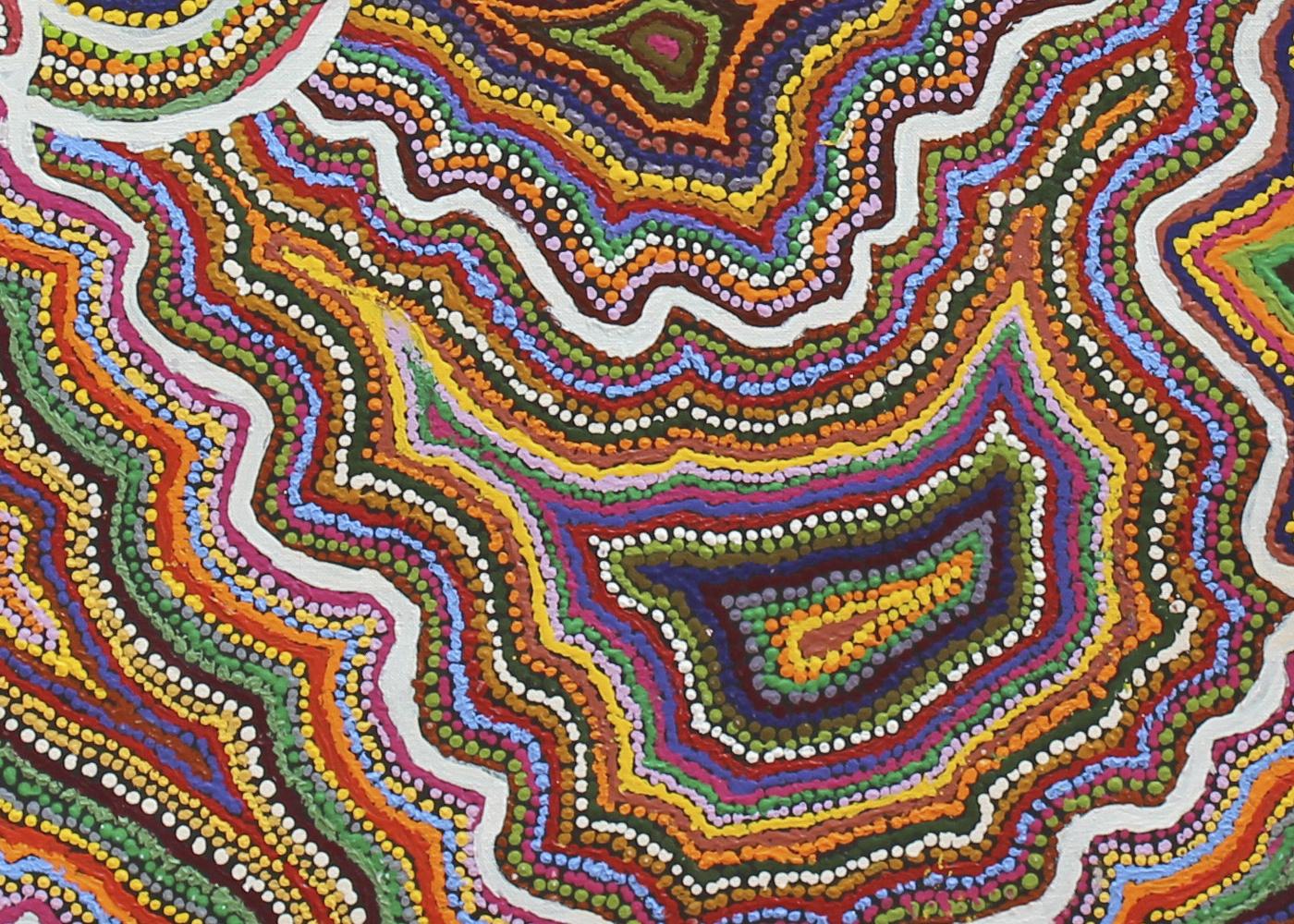 Bunte australische Aborigines abstrakte Landschaft Punkt Malerei auf Leinwand (Abstrakt), Painting, von Samuel Miller