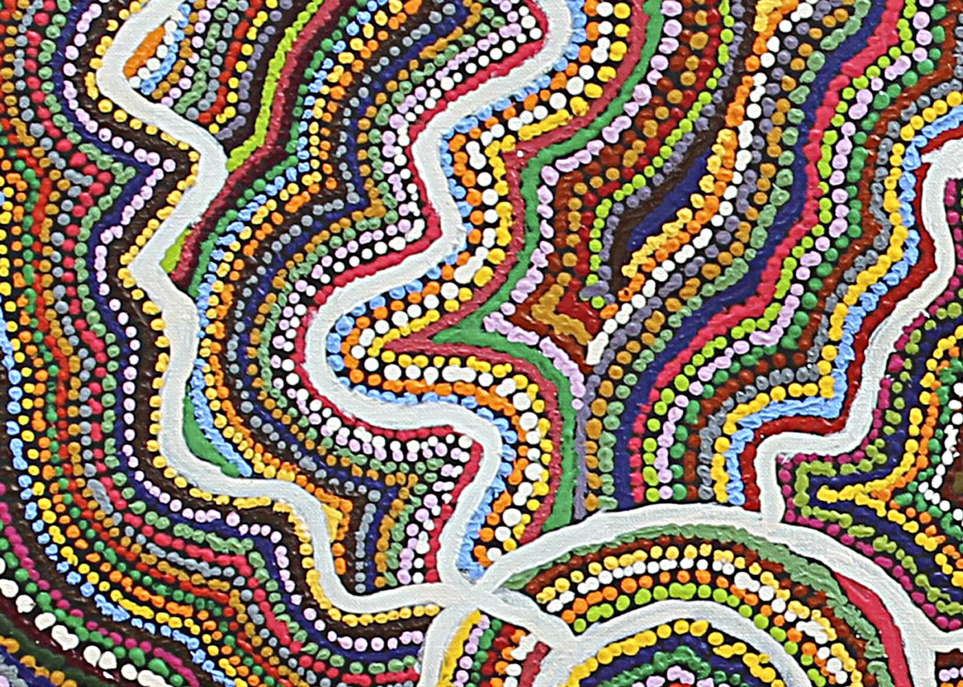 Bunte australische Aborigines abstrakte Landschaft Punkt Malerei auf Leinwand im Angebot 1
