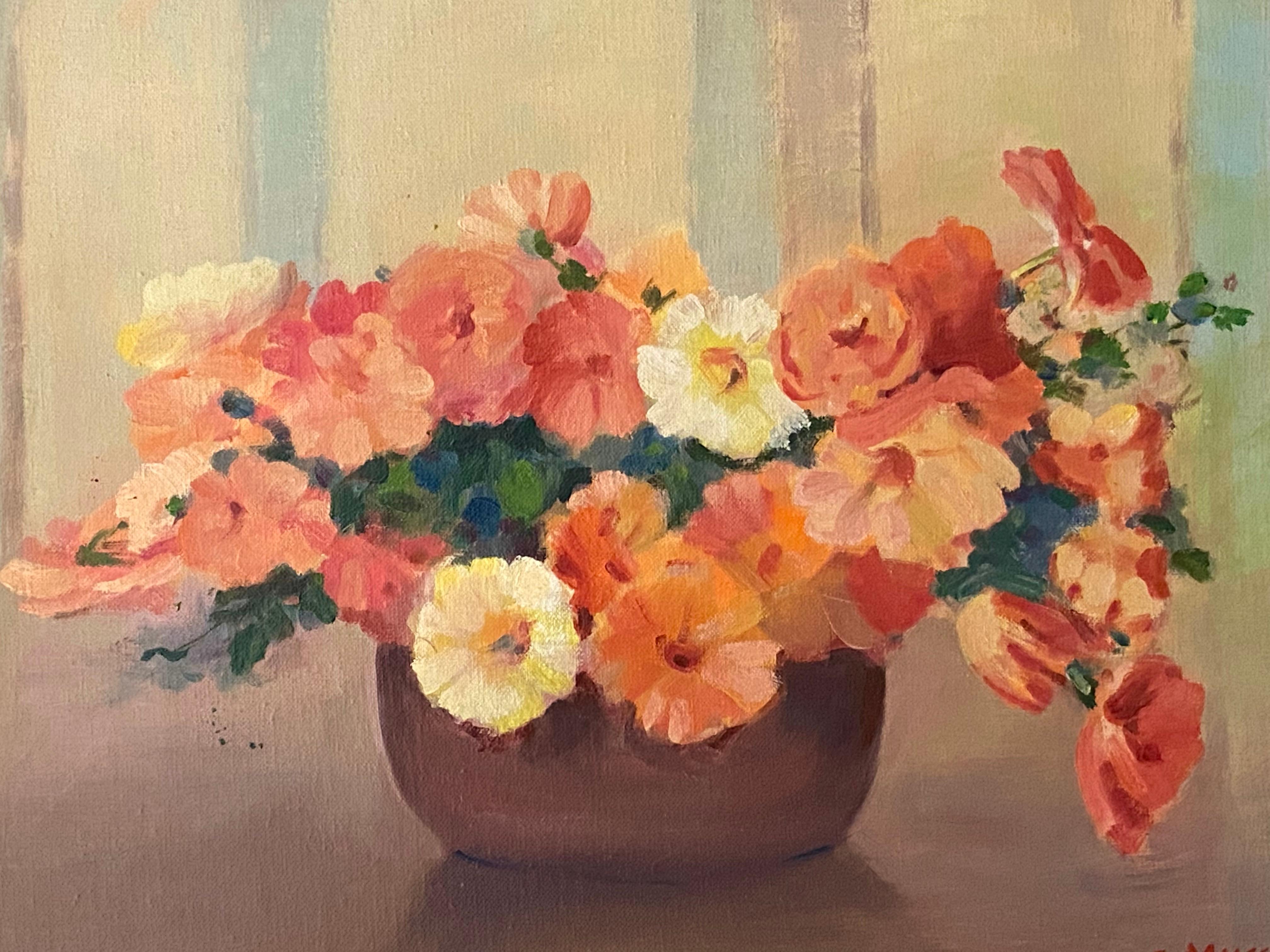 Blumenstrauß von Petunias (Braun), Still-Life Painting, von SAMUEL MIRSKY