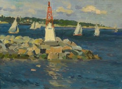 "Summer Sail, " Samual Mirsky, Impressionist oil, sailboats along the coast