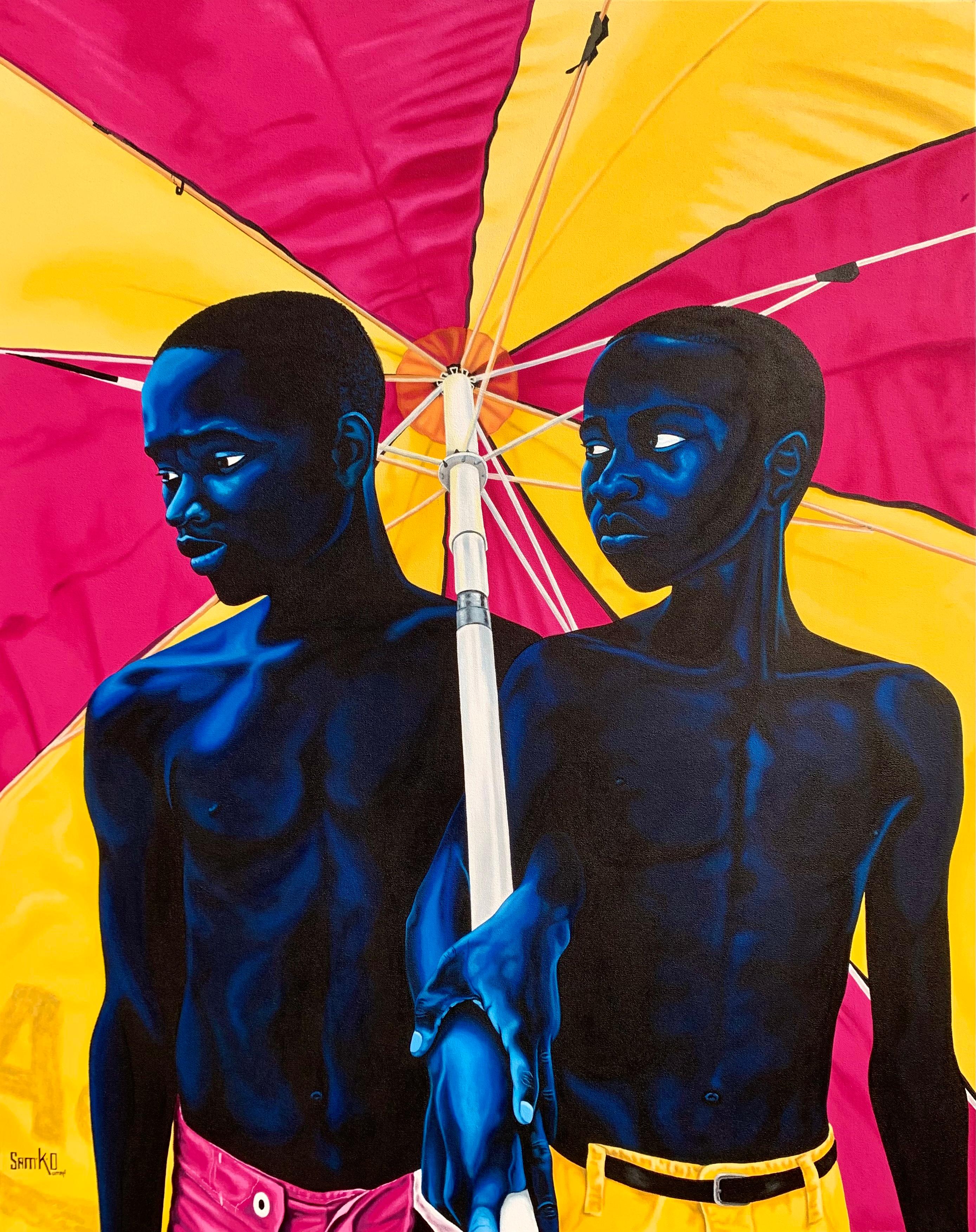 Samuel Oseigyei Kumah Figurative Painting - Under One Umbrella