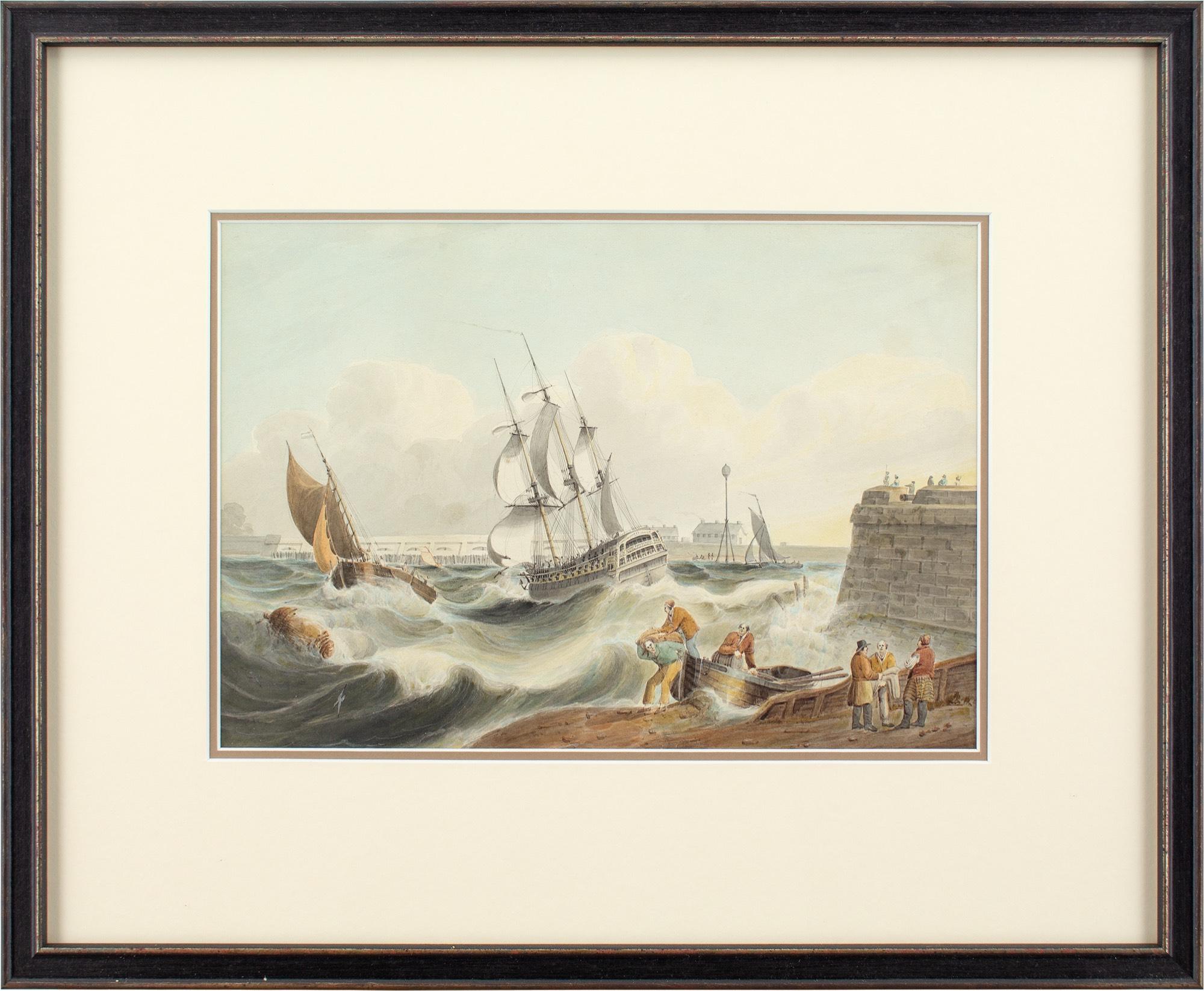 Dieses Aquarell aus dem frühen 19. Jahrhundert, das dem englischen Künstler Samuel Owen (1769-1857) zugeschrieben wird, zeigt mehrere Schiffe, die sich dem Hafen von Portsmouth nähern und von stürmischen Wellen umtost werden. Owen war ein