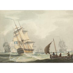 19thC English School Marine View With Royal Navy Man-of-War, Watercolour