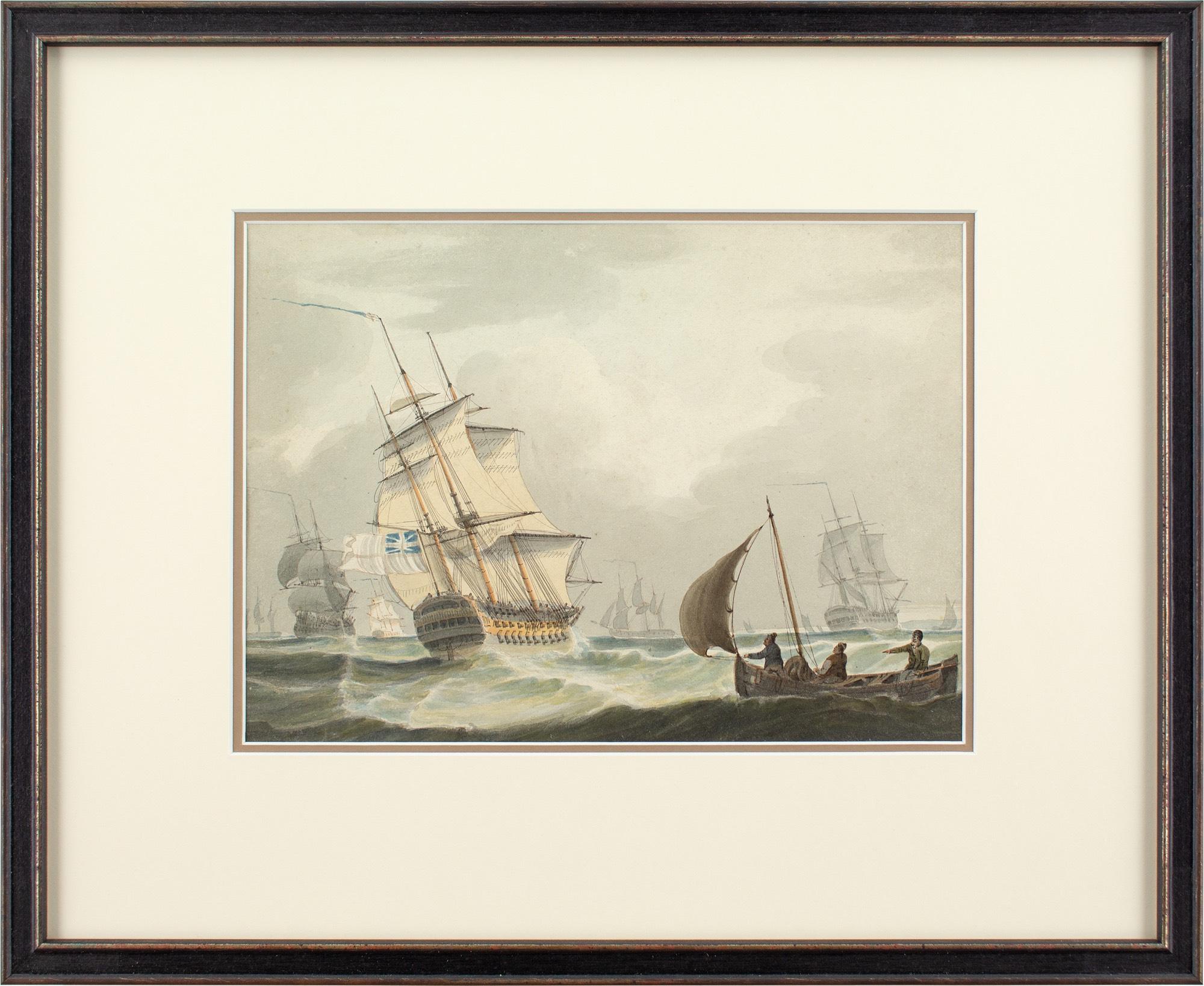 Cette aquarelle du début du XIXe siècle, attribuée à l'artiste anglais Samuel Owen (1769-1857), représente plusieurs navires battus par des vagues turbulentes. Owen était un aquarelliste marin britannique accompli qui a servi dans la Royal