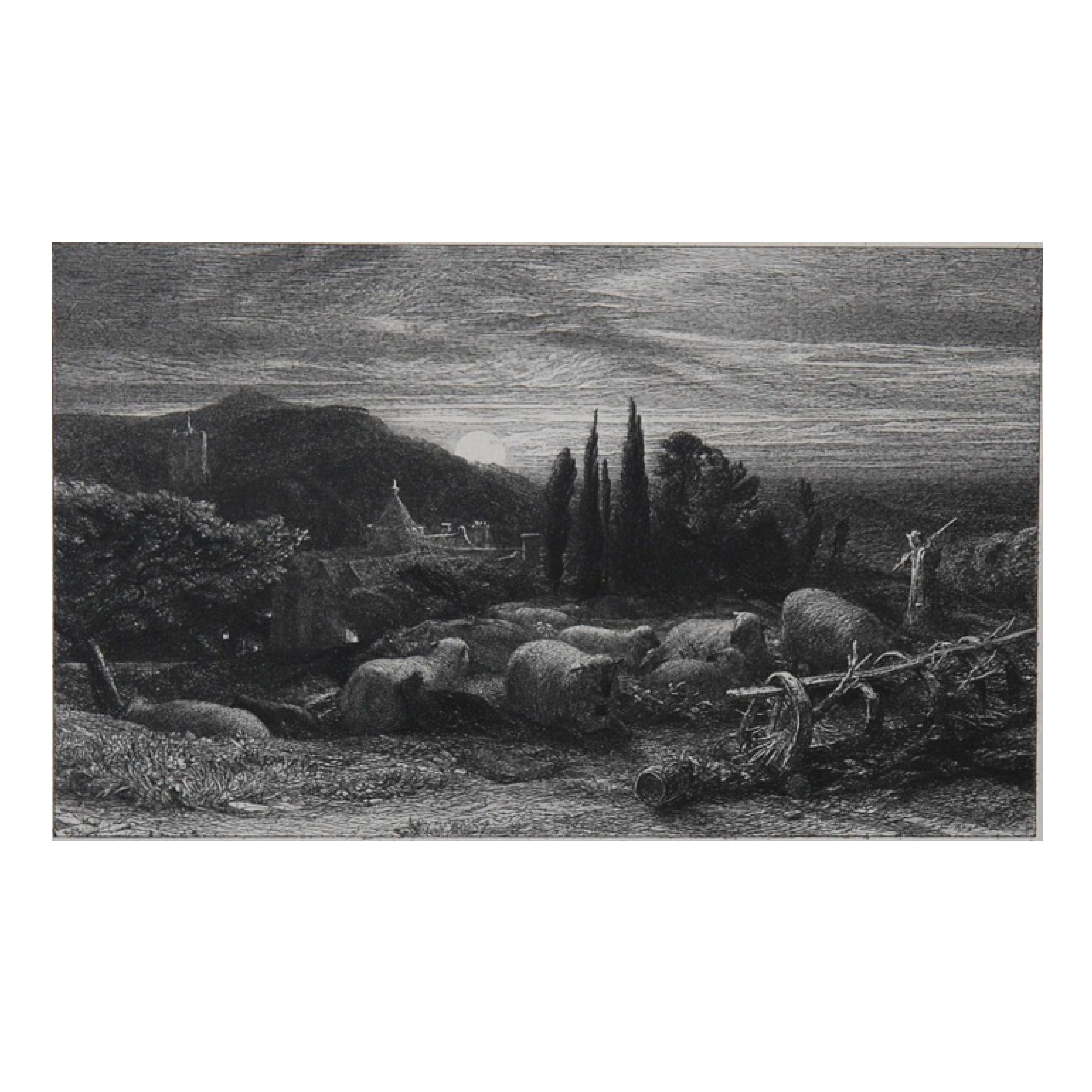 Samuel Palmer (b.1805) Landscape Print – Der aufgehende Mond" oder "Eine englische Pastorale".