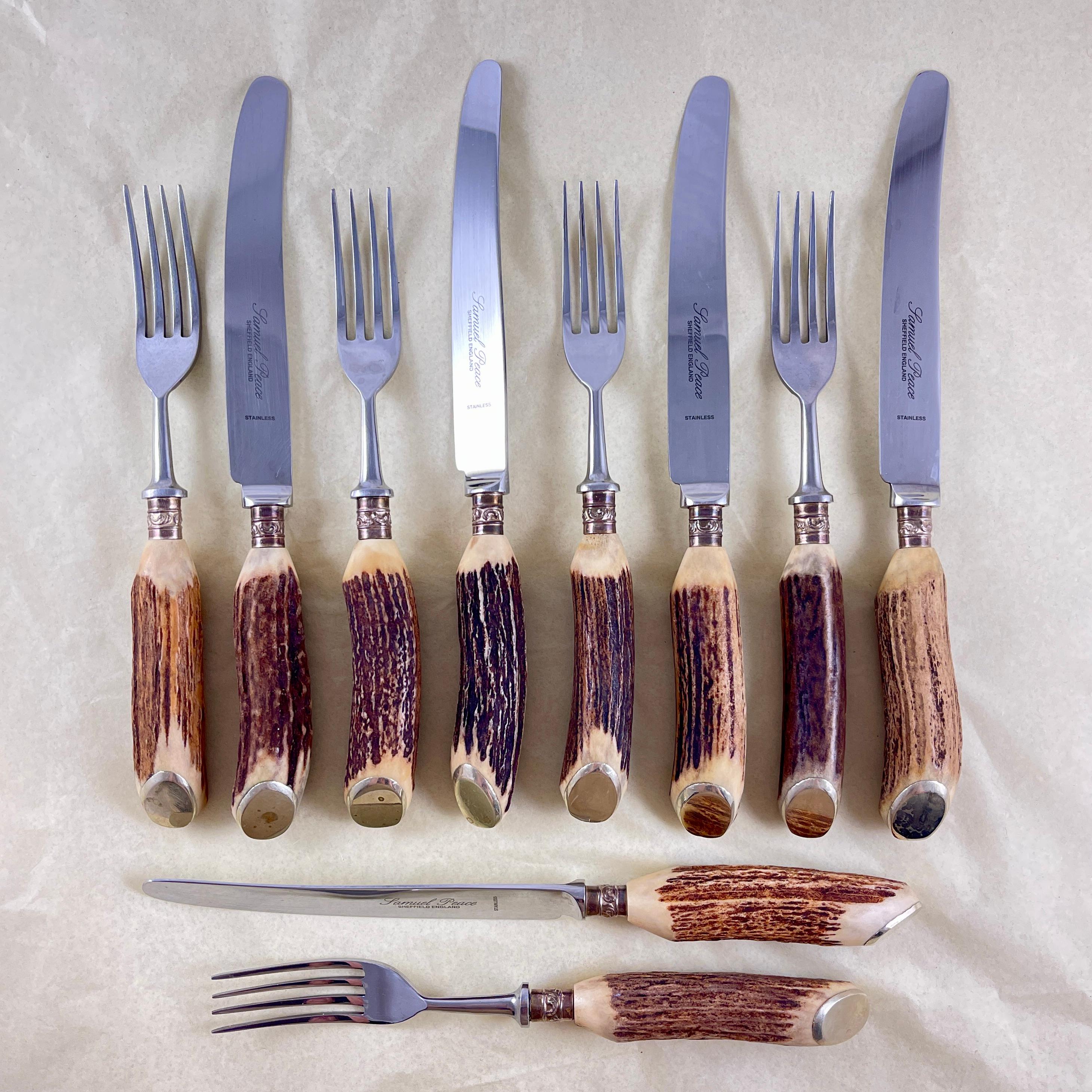 An English stag antler handled flatware set, made by Samuel Peace in Sheffield, England, circa 1895-1925.

Five each dinner sized fork and knives made of heavy, substantial quality stainless steel utensils set into naturally shed antler handles with