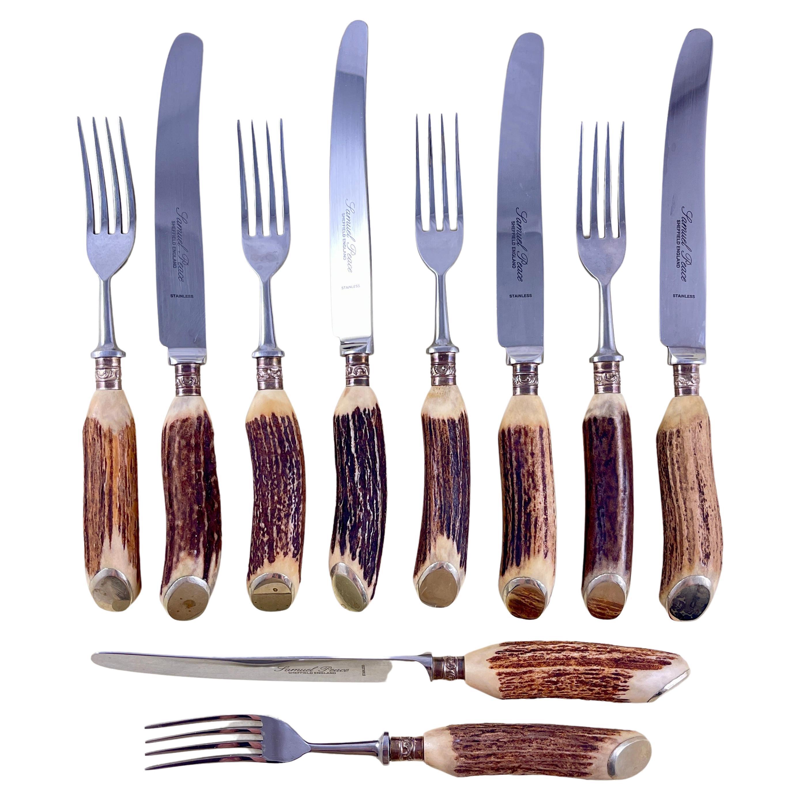 Samuel Peace English Stag Antler Handled Knives & Forks, 10 piece set For Sale