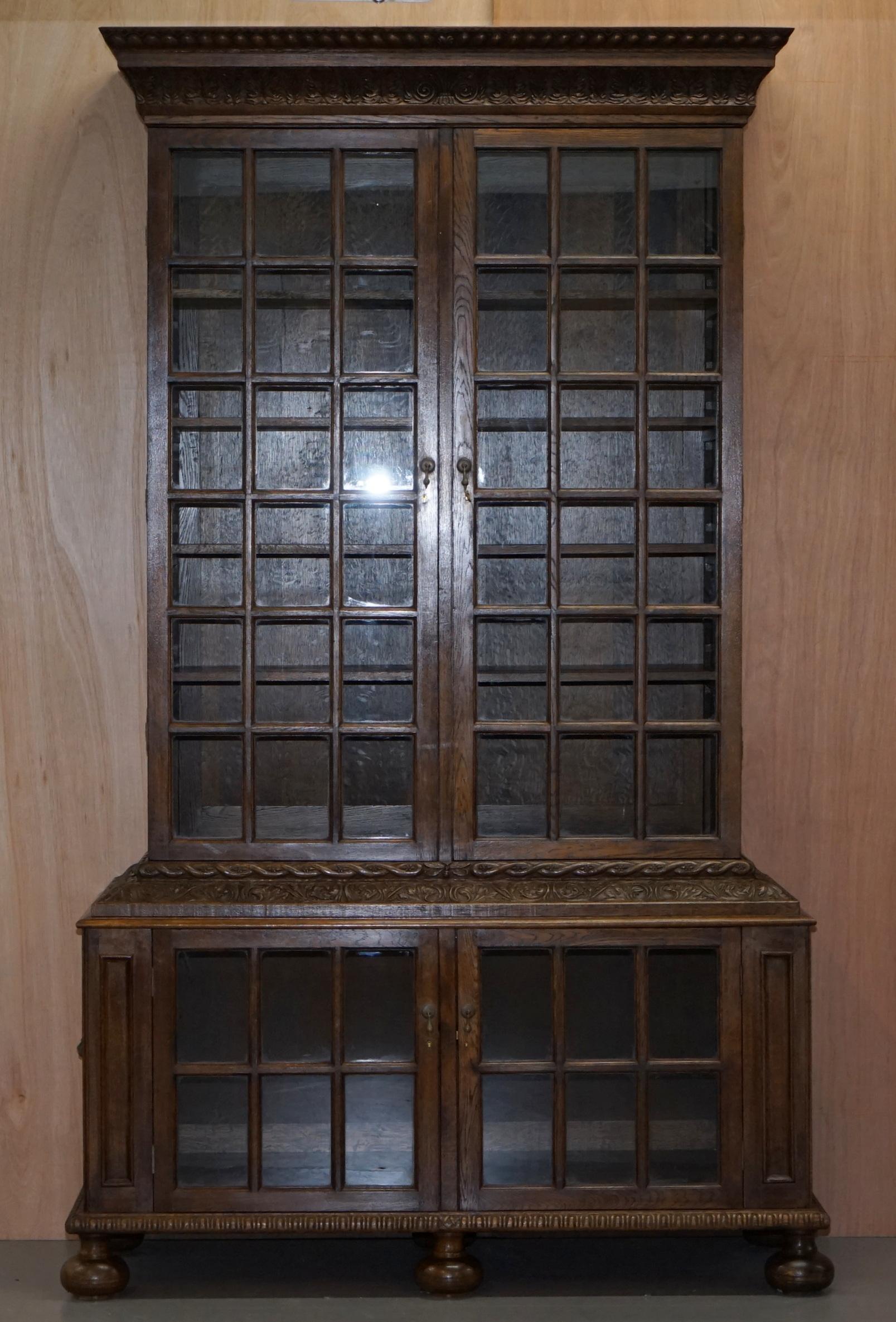 We are delighted to offer for auction this stunning pair of solid oak Samuel Pepy’s library bookcases based on the original design of 1666

These bookcases have high provenance, each one has the history carved to the base, the first says 