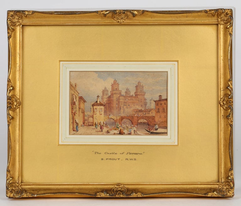 An exceptional quality framed watercolorr titled 'The Castle of Ferara' by renowned British artist Samuel Prout (1783-1852). Samuel Prout was a member of the Royal Watercolour Society and exhibited widely. Much of his work depicts Continental street