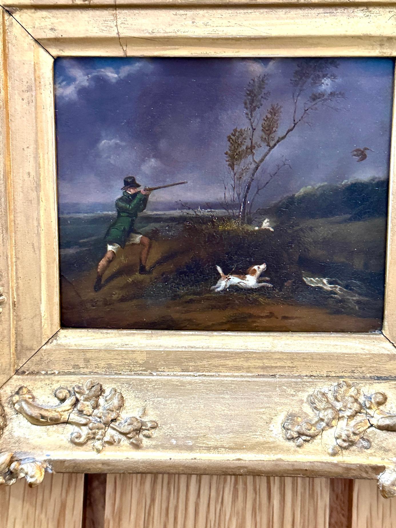 19th century English landscape with man and dogs out shooting birds - Painting by Samuel Raven