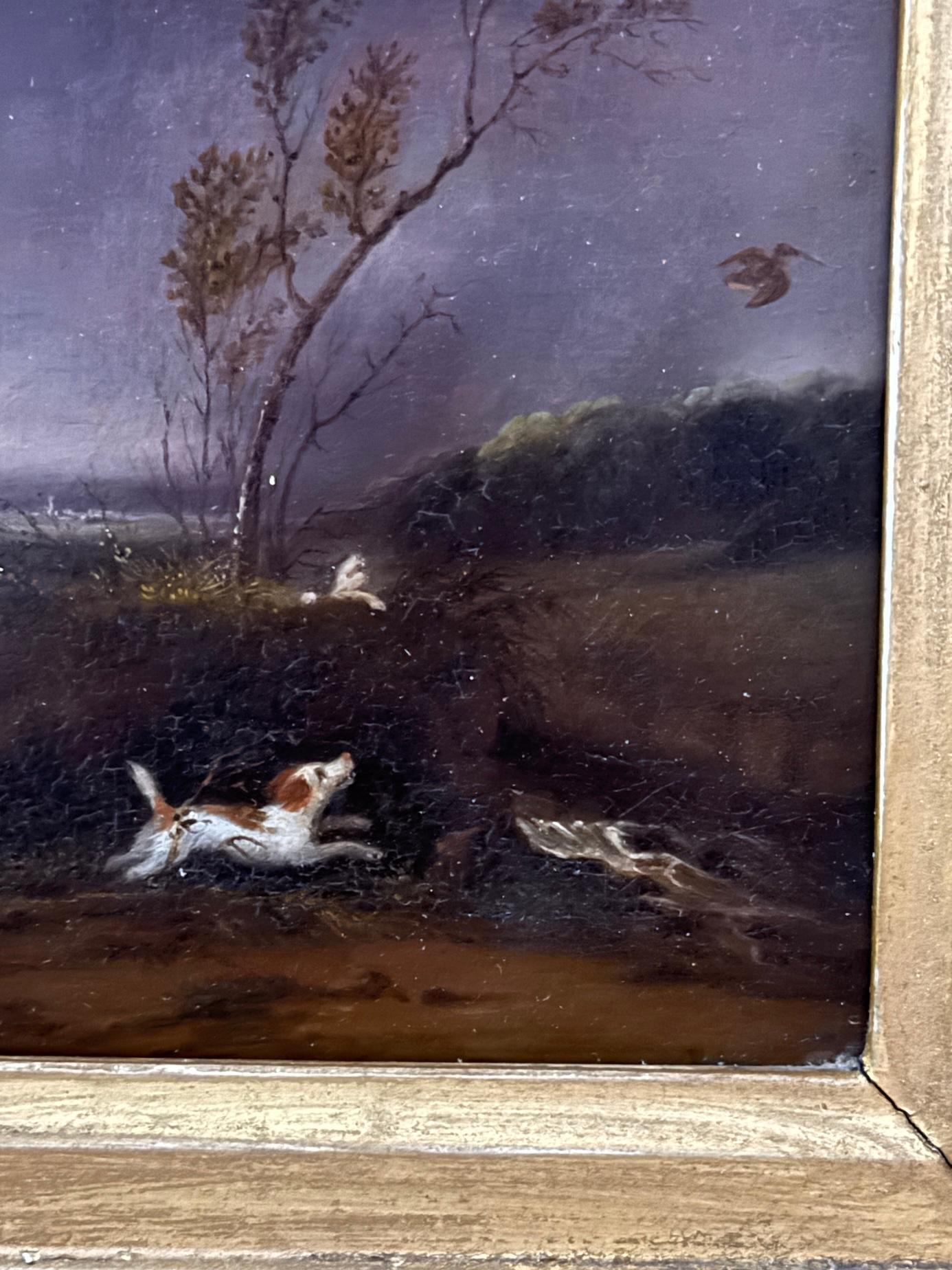 19th century English landscape with man and dogs out shooting birds - Beige Figurative Painting by Samuel Raven