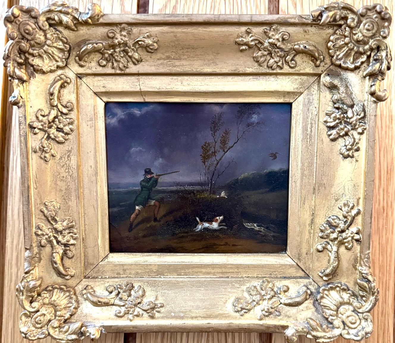 Samuel Raven Figurative Painting - 19th century English landscape with man and dogs out shooting birds