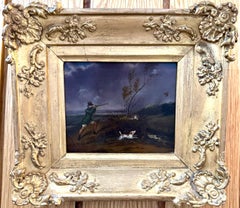 19th century English landscape with man and dogs out shooting birds