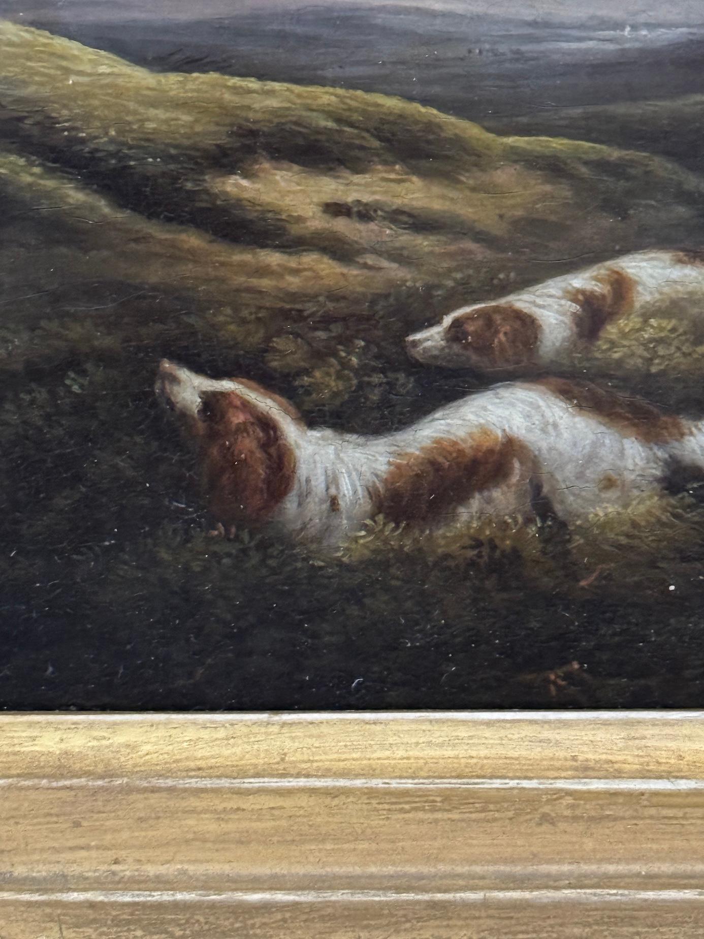 19th century English landscape with two setters flushing birds during a shoot - Brown Animal Painting by Samuel Raven