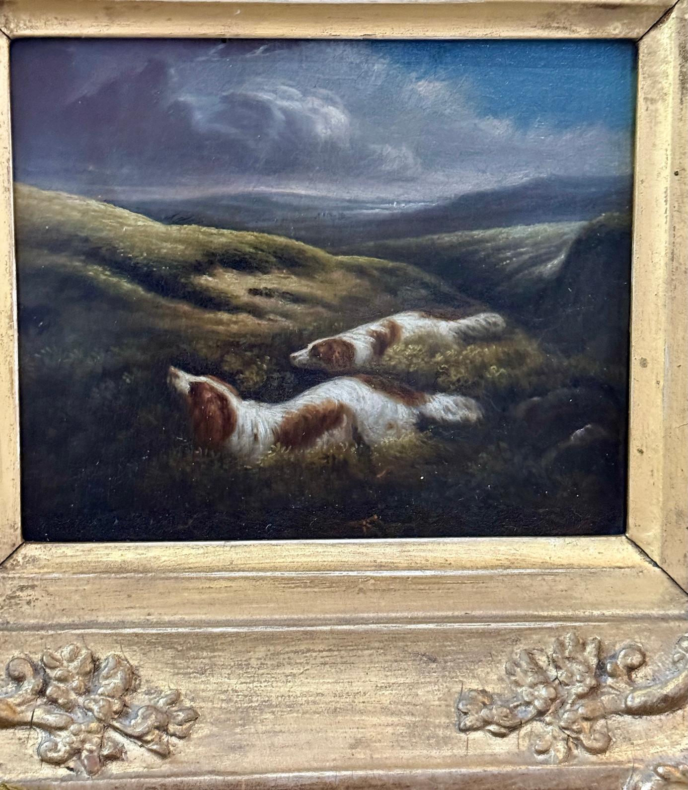 19th century English landscape with two setters flushing birds during a shoot For Sale 1