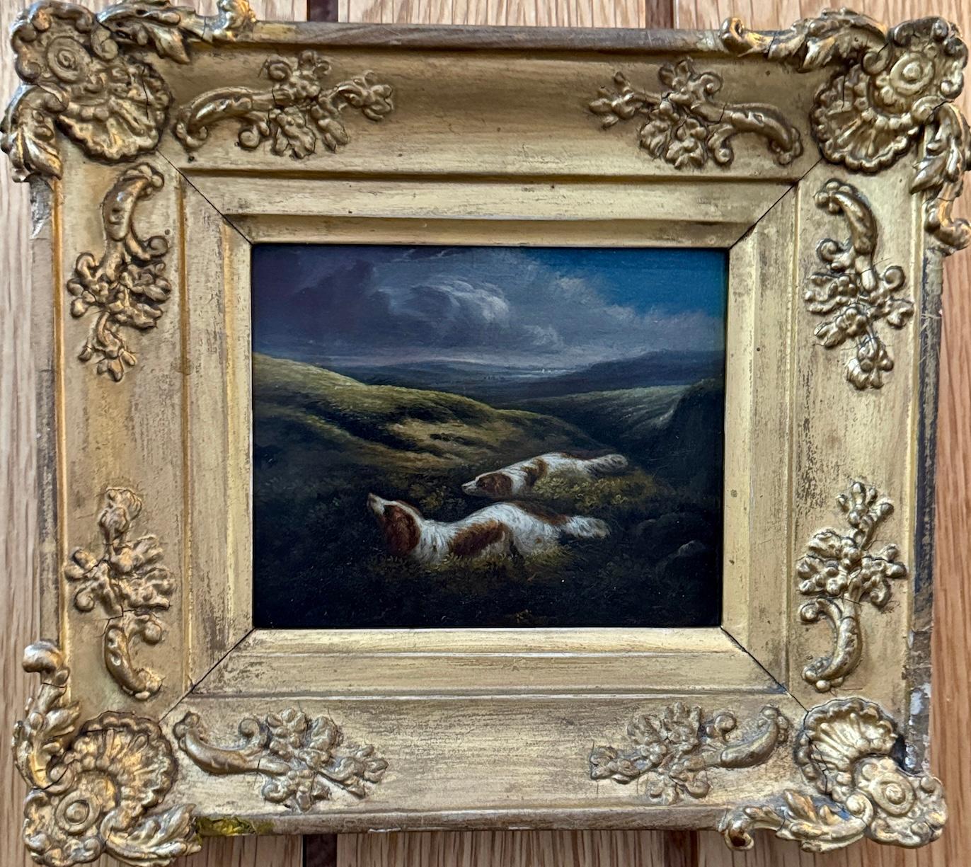 Samuel Raven Animal Painting - 19th century English landscape with two setters flushing birds during a shoot
