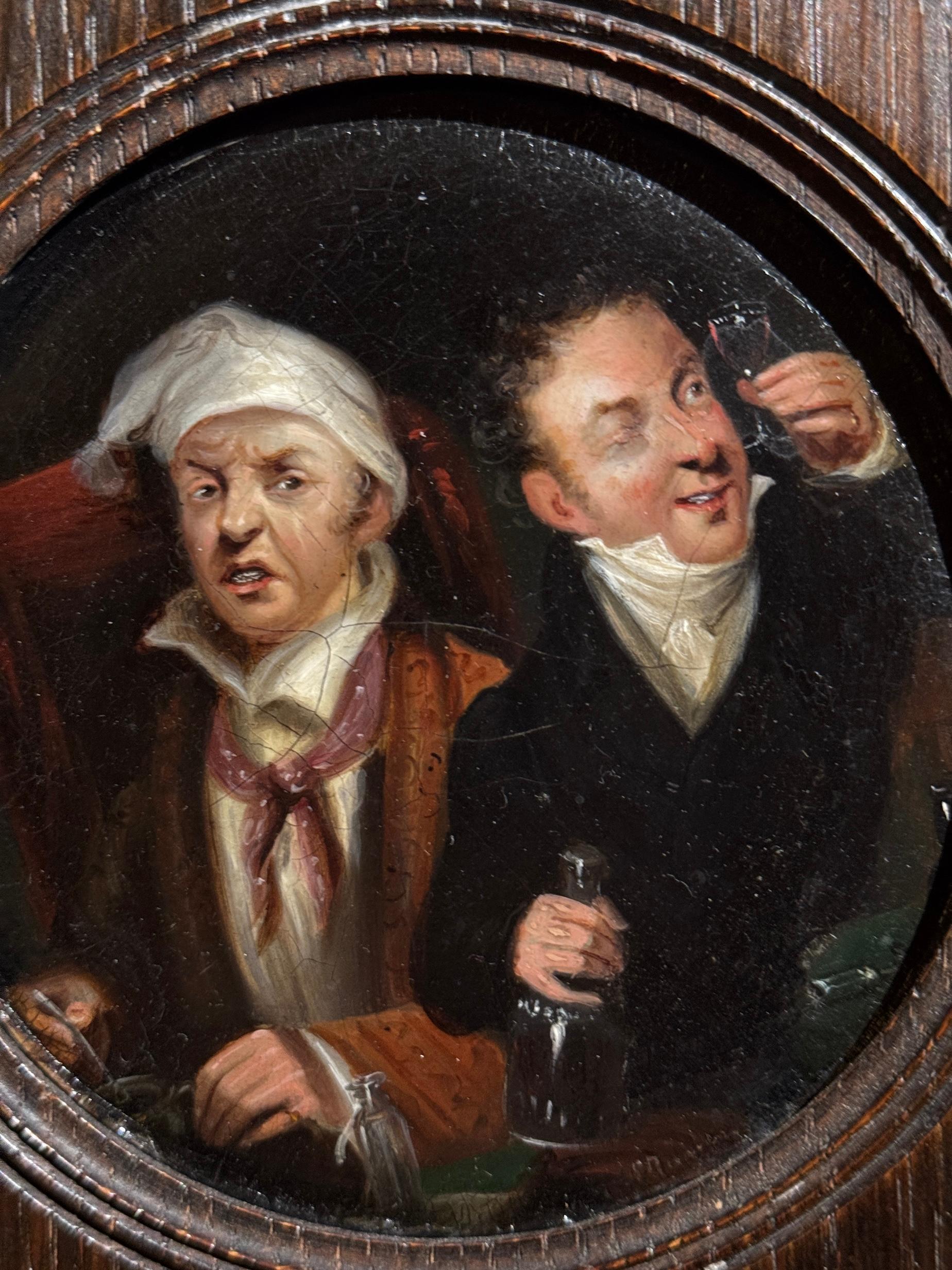 Samuel Raven (ca. 1775-1847)

Zwei Männer beim Trinken in einem Gasthaus, um 1850
Öl auf Platte (Rondell)
Signiert auf der Rückseite
Präsentiert in einem Rahmen aus englischer Eiche

⸻

BESCHREIBUNG (Langformat im Dibs-Stil)

Ein charmantes und fein