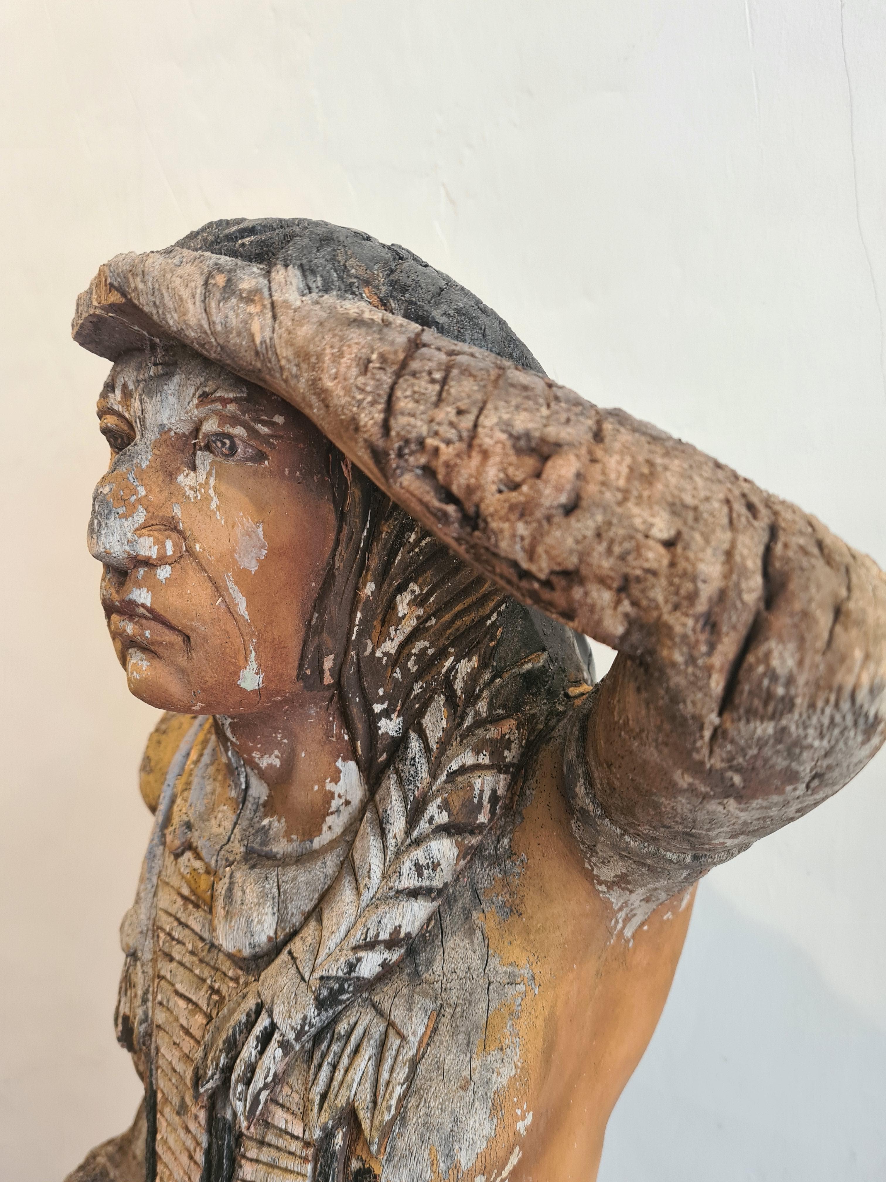 An Early 20th Century Cigar Store Indian, Carved Wood With Polychrome Decoration For Sale 3