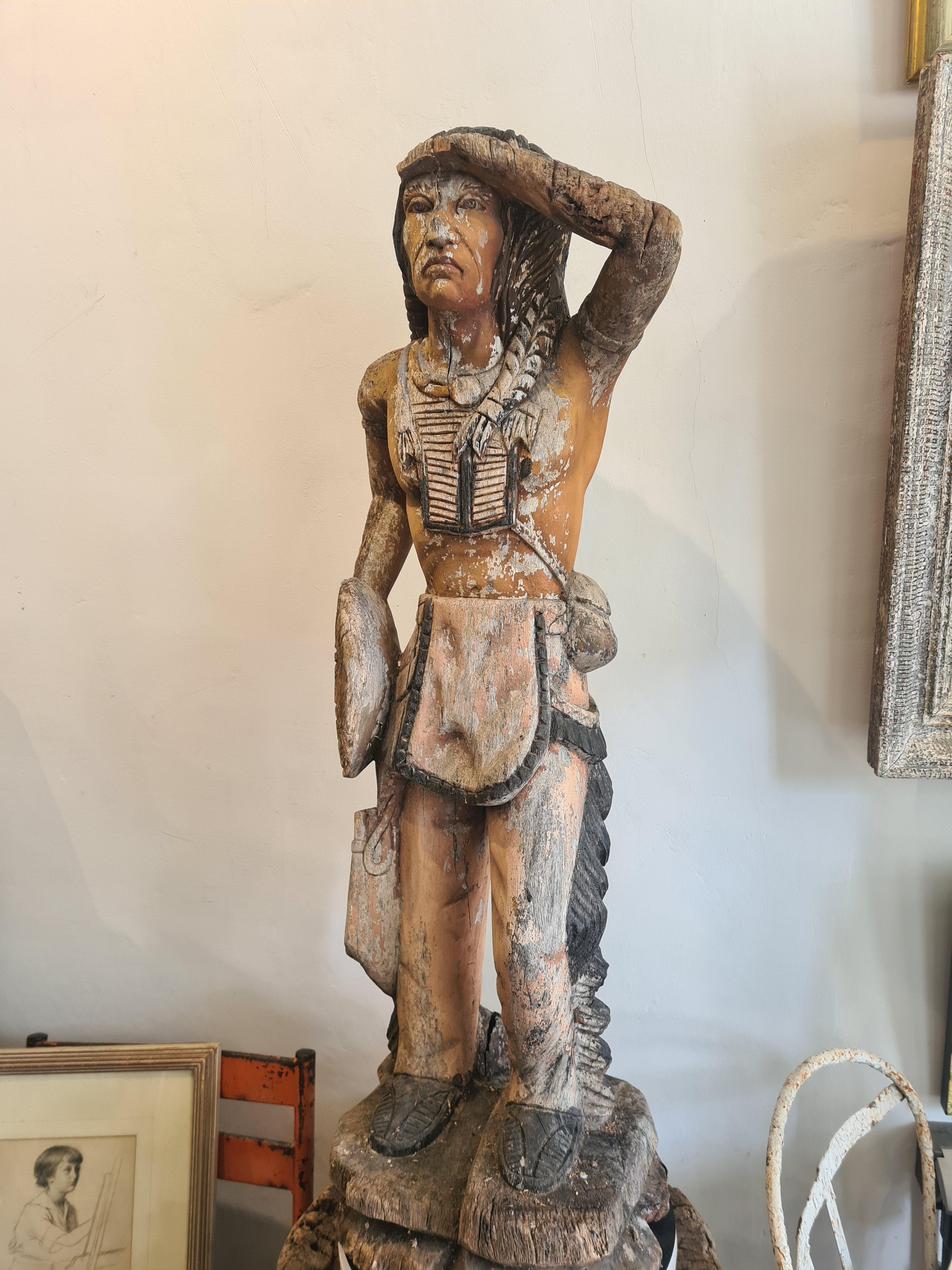 An Early 20th Century Cigar Store Indian, Carved Wood With Polychrome Decoration For Sale 15