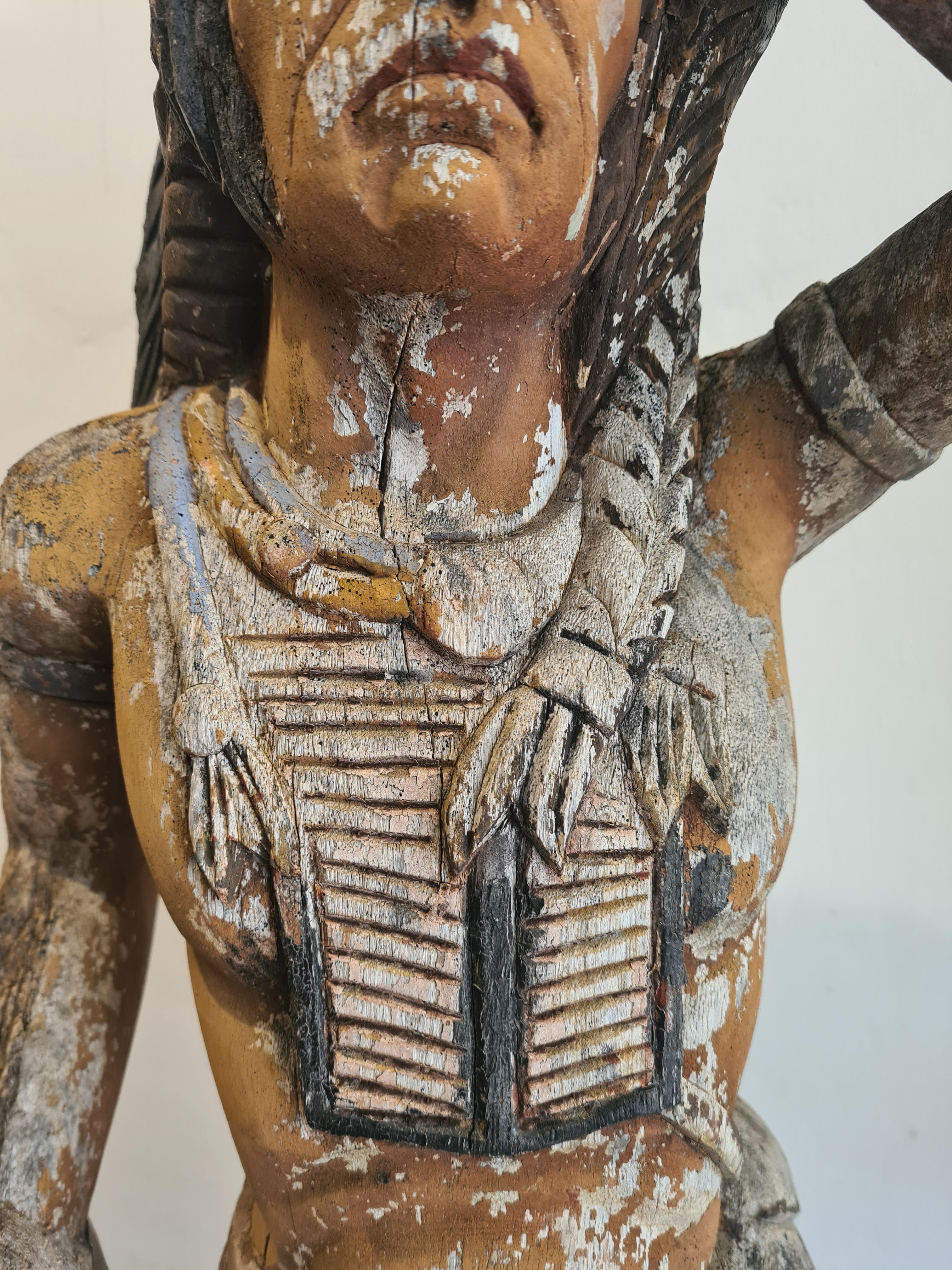 An Early 20th Century Cigar Store Indian, Carved Wood With Polychrome Decoration For Sale 1