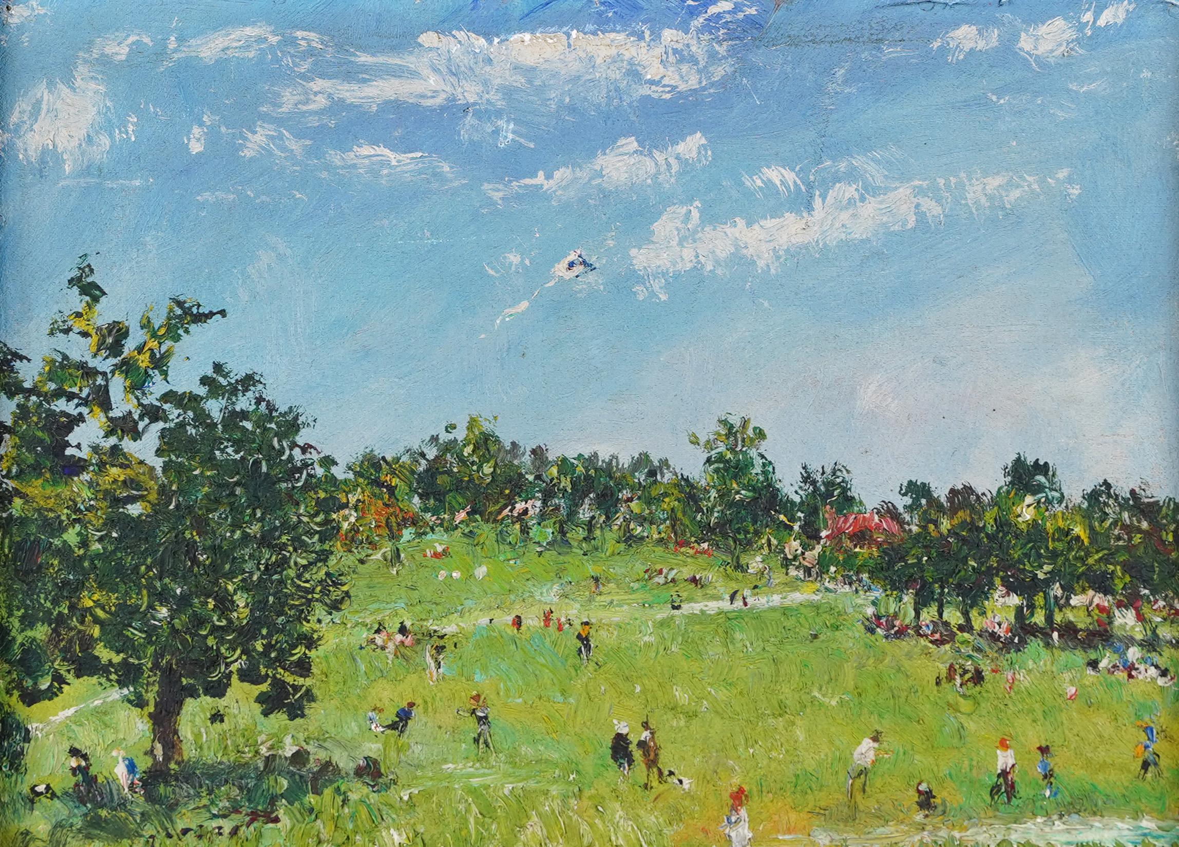 Antique American Impressionist Signed Framed Bustling Park View Oil Painting 1
