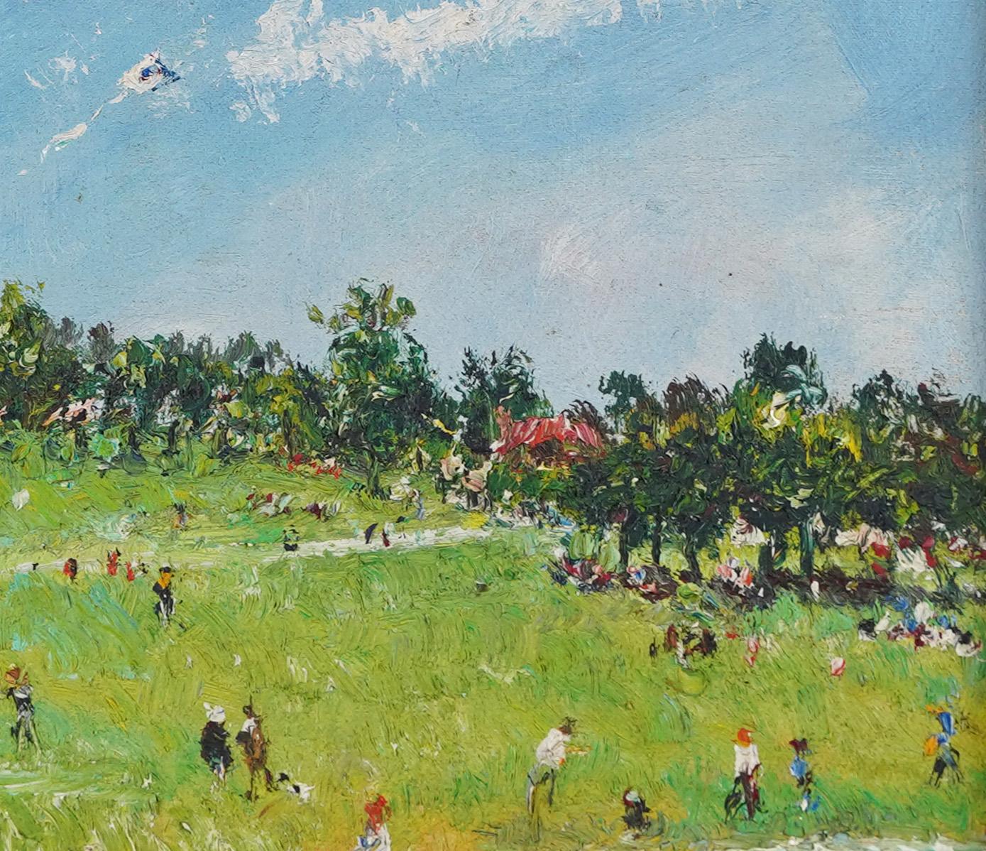 Antique American Impressionist Signed Framed Bustling Park View Oil Painting 2
