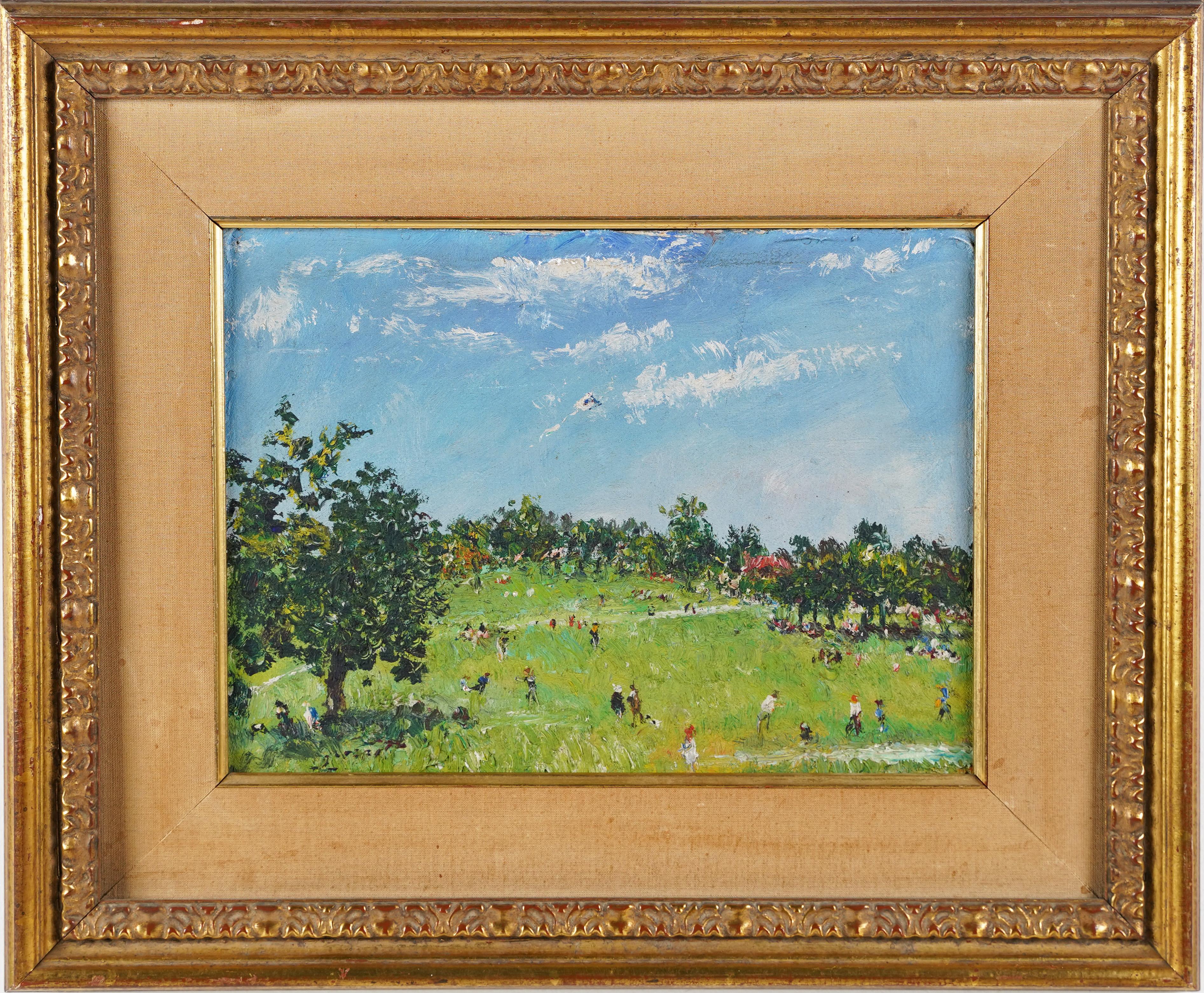 Samuel Rothbort Landscape Painting - Antique American Impressionist Signed Framed Bustling Park View Oil Painting