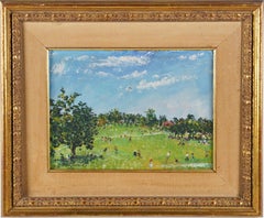 Antico dipinto ad olio impressionista americano firmato e incorniciato con vista su un parco affollato