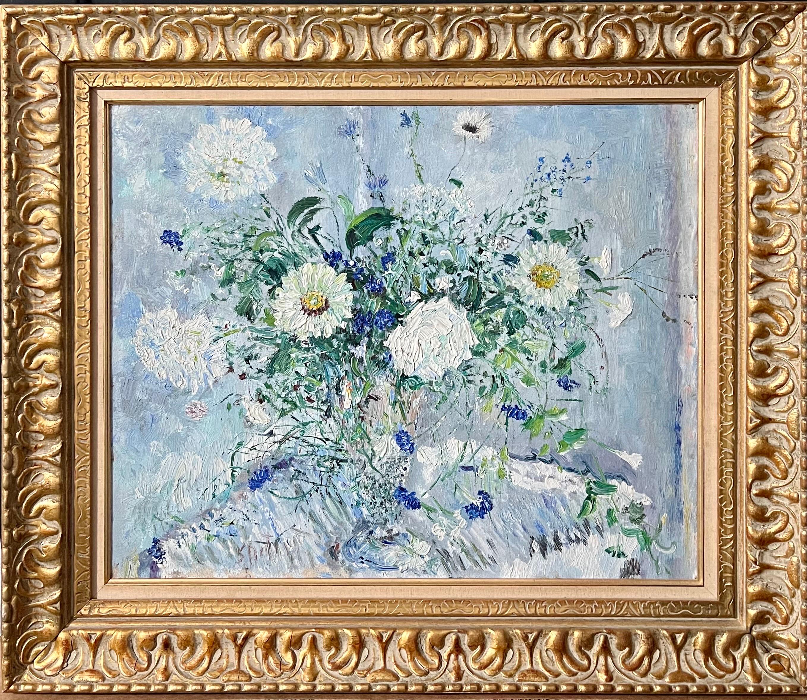 Bold Folk Art Modernist Floral Bouquet Oil Painting Flowers in Vase Gilt Frame - Brown Interior Painting by Samuel Rothbort